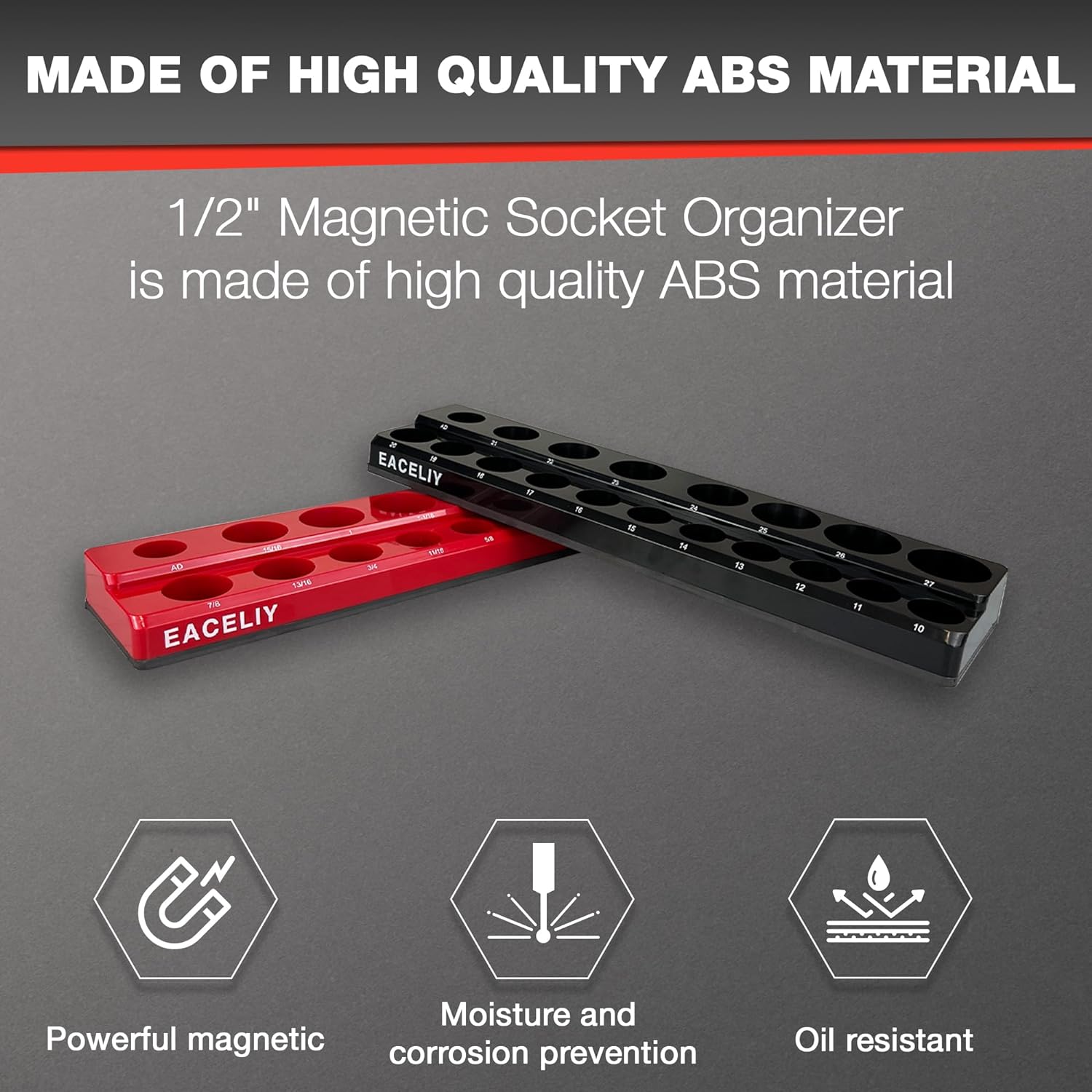 EACELIY 1/2" Magnetic Socket Organizer Set, 2-Piece SAE & Metric Socket Holder Kit,，Tools tray， holds 35 Deep and Shallow 1/2" Sockets, attaches to steel box/tool cart (sockets not included)