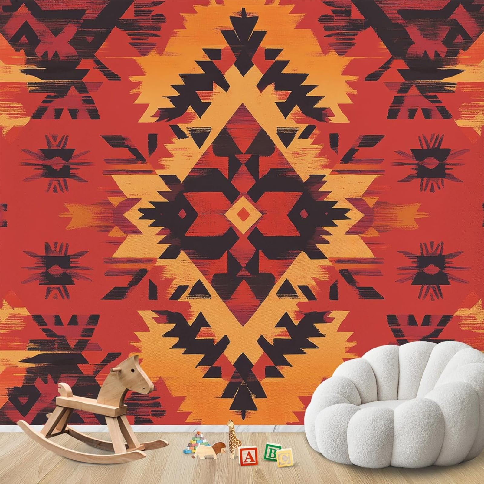 Papier peint intissé aztèque rouge orangé au design ethnique et finitions haut de gamme