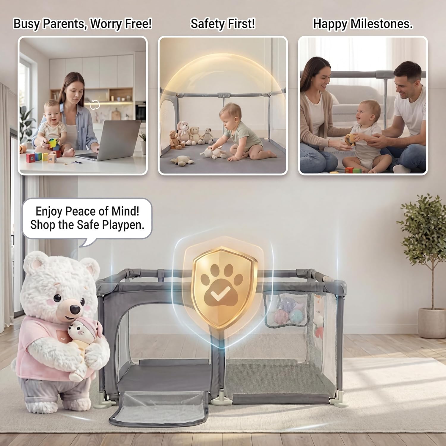 Kidirect Baby Playpen, Play Pens for Babies and Toddlers, Baby Fence Small Play Pens for Indoor & Outdoor with Breathable Mesh Safety Gate Play Yard(Grey,47"×47")