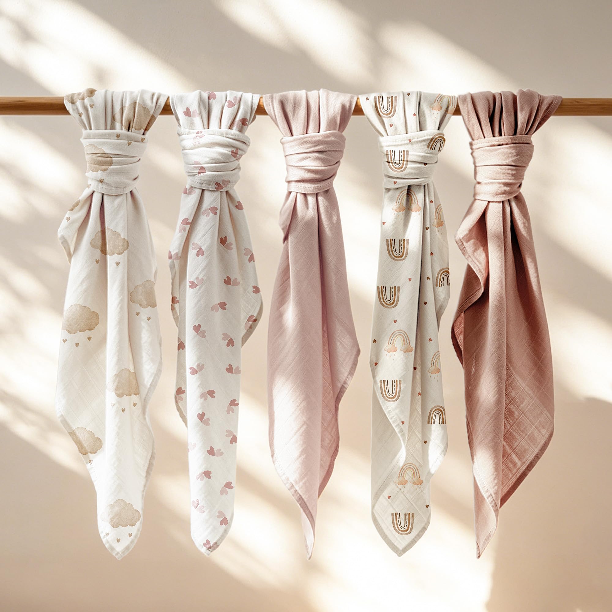 Bearmoss Panno in mussola per bambini, 5 pezzi, traspiranti e assorbenti, 60 cm x 60 cm, per il bagno, asciugare e pulire i neonati (rosa-marrone)