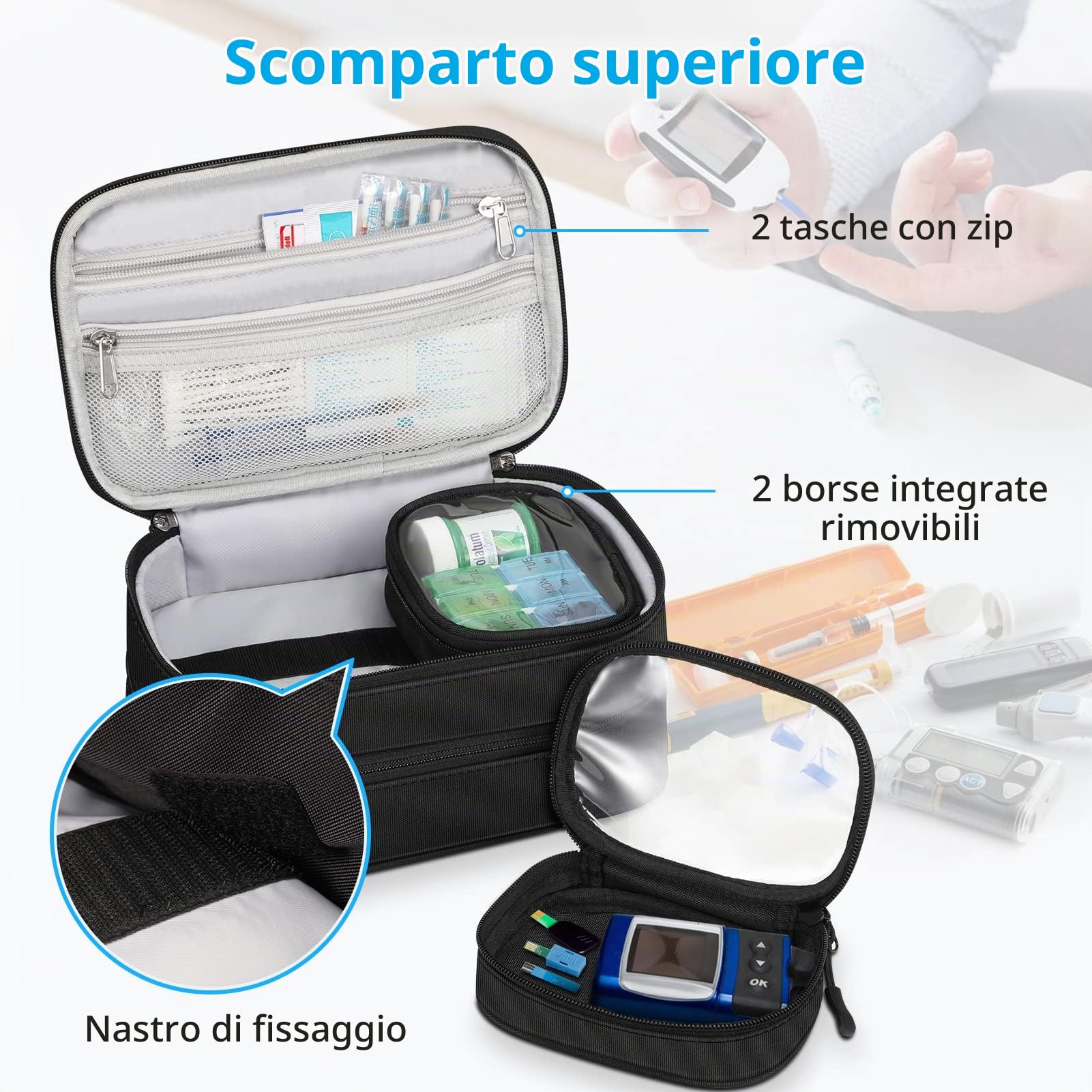 MEDMAX Borsa Termica per Insulina con 4 Impacchi di Ghiaccio, Medicinali Organizzatore da Viaggio, con Custodia Extra per Penne Insulina, Misuratori di Glucosio e altri Diabetici Accessori, (Nero)