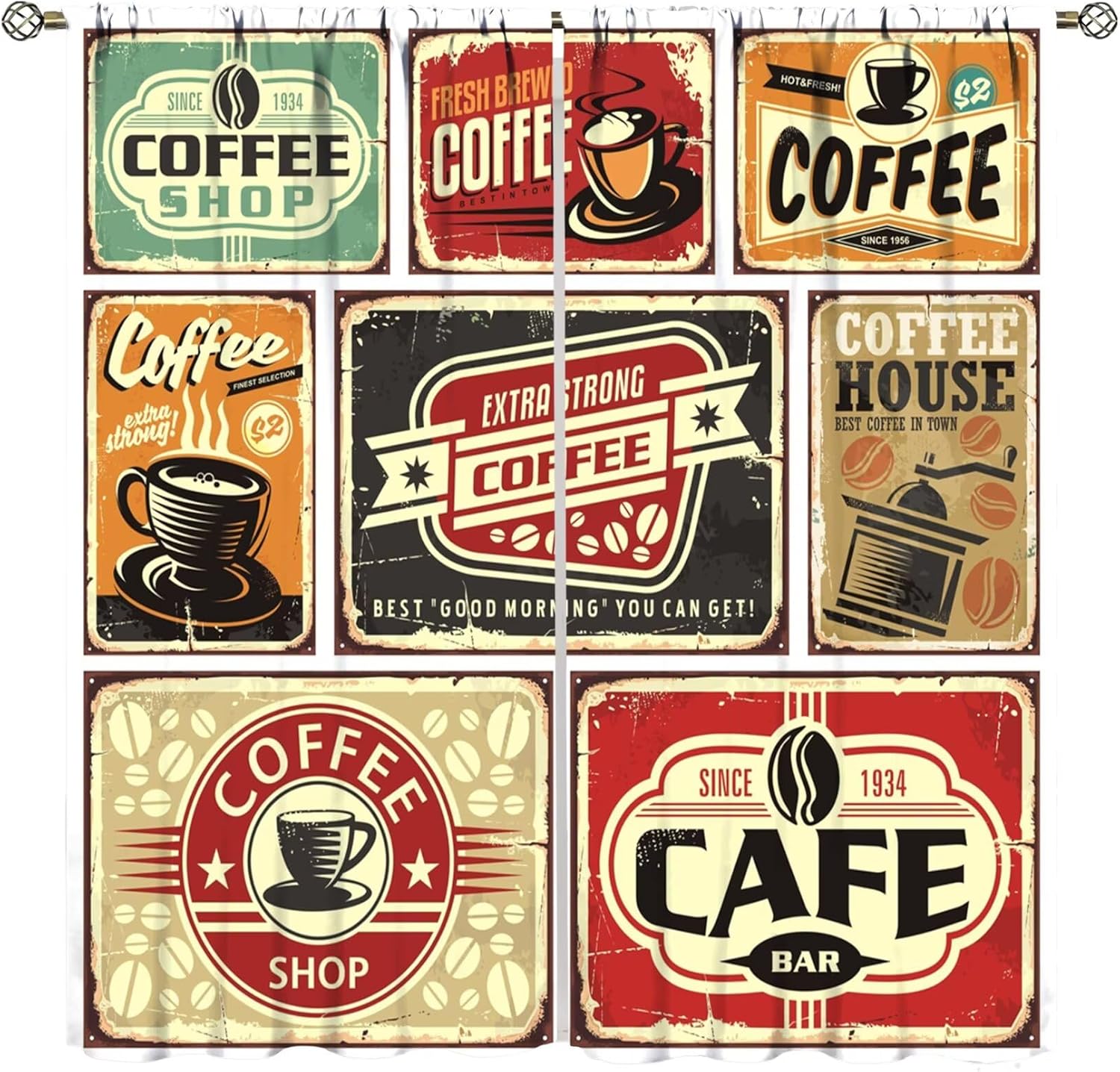 Coffee Kitchen Curtains,Vintage Coffee Theme Rustic Window Treatments for Kitchen Café Dining Room Retro Poster Design Window Drapes 2 Panels Set,Total Size 42 x 63 Inch