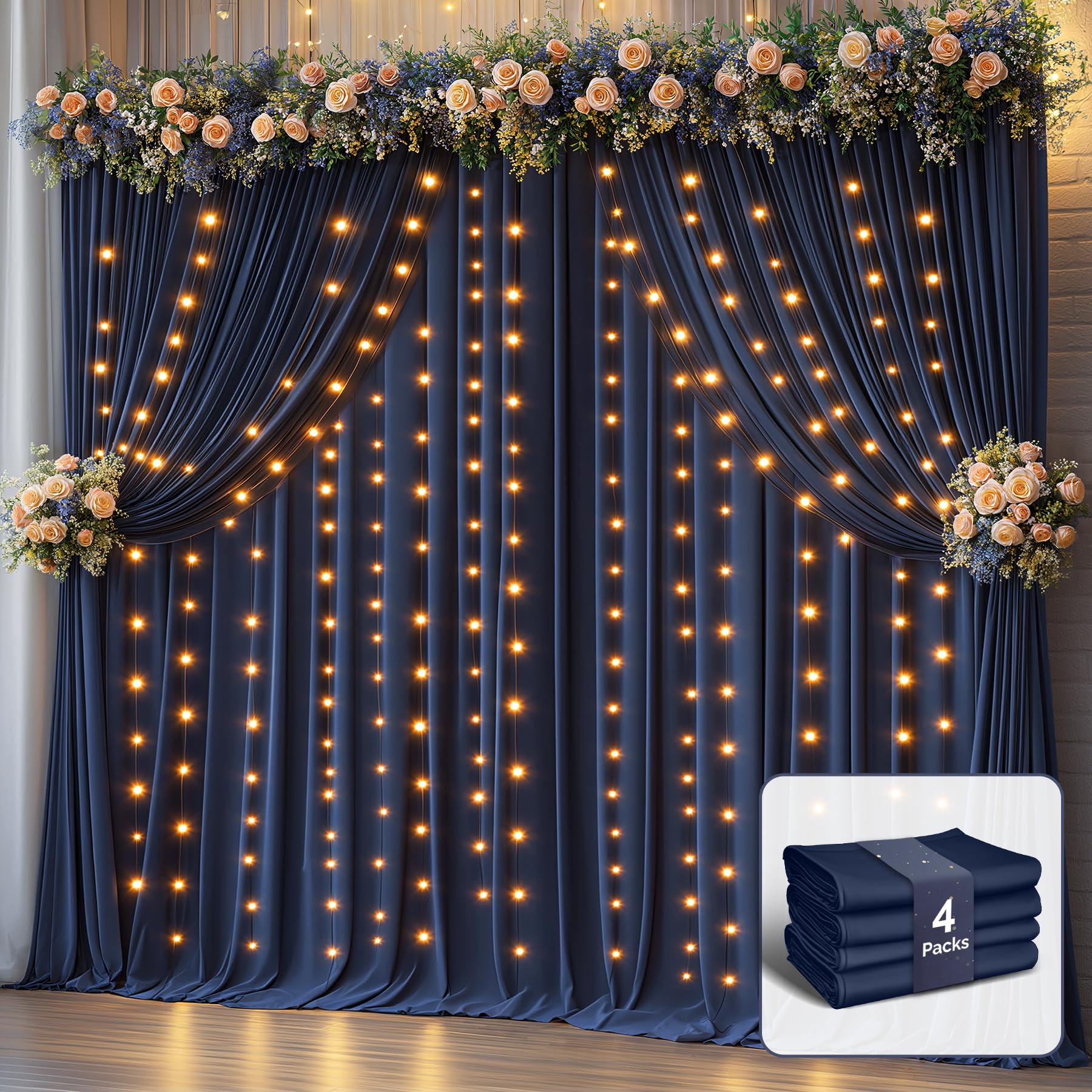 20 x 10ft Navy Blue Backdrop Curtains with Lights String Wrinkle Free Polyester Photo Backdrop Drapes Soft Fabric Curtains for Graduation Birthday