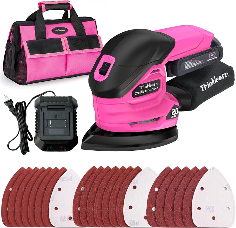 Cordless Detail Sander, 20V Electric Hand Sander | 12000 RPM Mouse Sanders, Compact Palm Sanding Tool for Woodworking, with 22Pcs Sandpapers, Dust Bag, 2.0Ah Battery & Charger