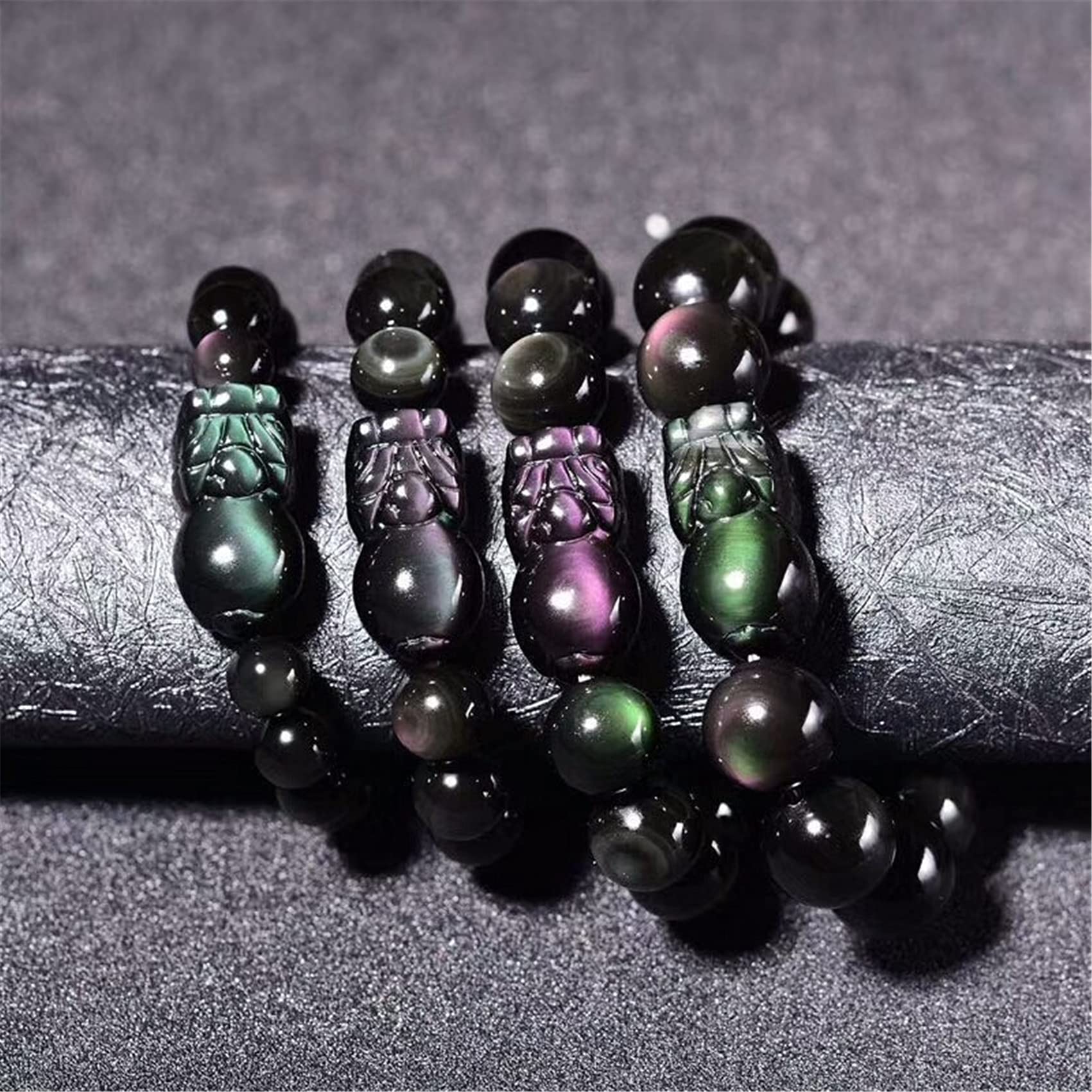 WZGWDC Schwarzes Obsidian-Armband, Piyao-Armband, natürliche Regenbogenaugen-Perlen, Kristall-Talisman, Wohlstand, 16 mm