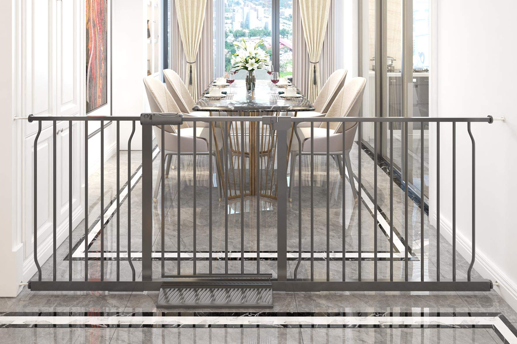 Photo 1 of COSEND Extra Wide Baby Gate Tension Indoor Safety Gates Black Metal Large Pressure Mounted Pet Gate Walk Through Long Safety Dog Gate for The House Doorways Stairs (71.65"-76.38"/182-194CM, Black) 71.65"-76.38"/182-194CM Black