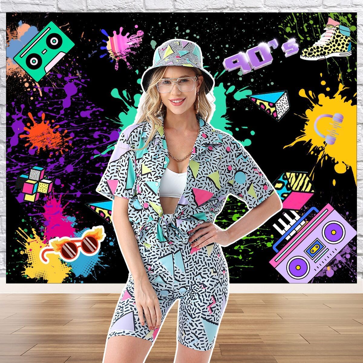 80s 90s Outfit for Women Retro Theme Party Disco Outfit Hip Hop Costume Button Up Blouse Tops Hawaiian Short Sleeve 6PCS - Image 6