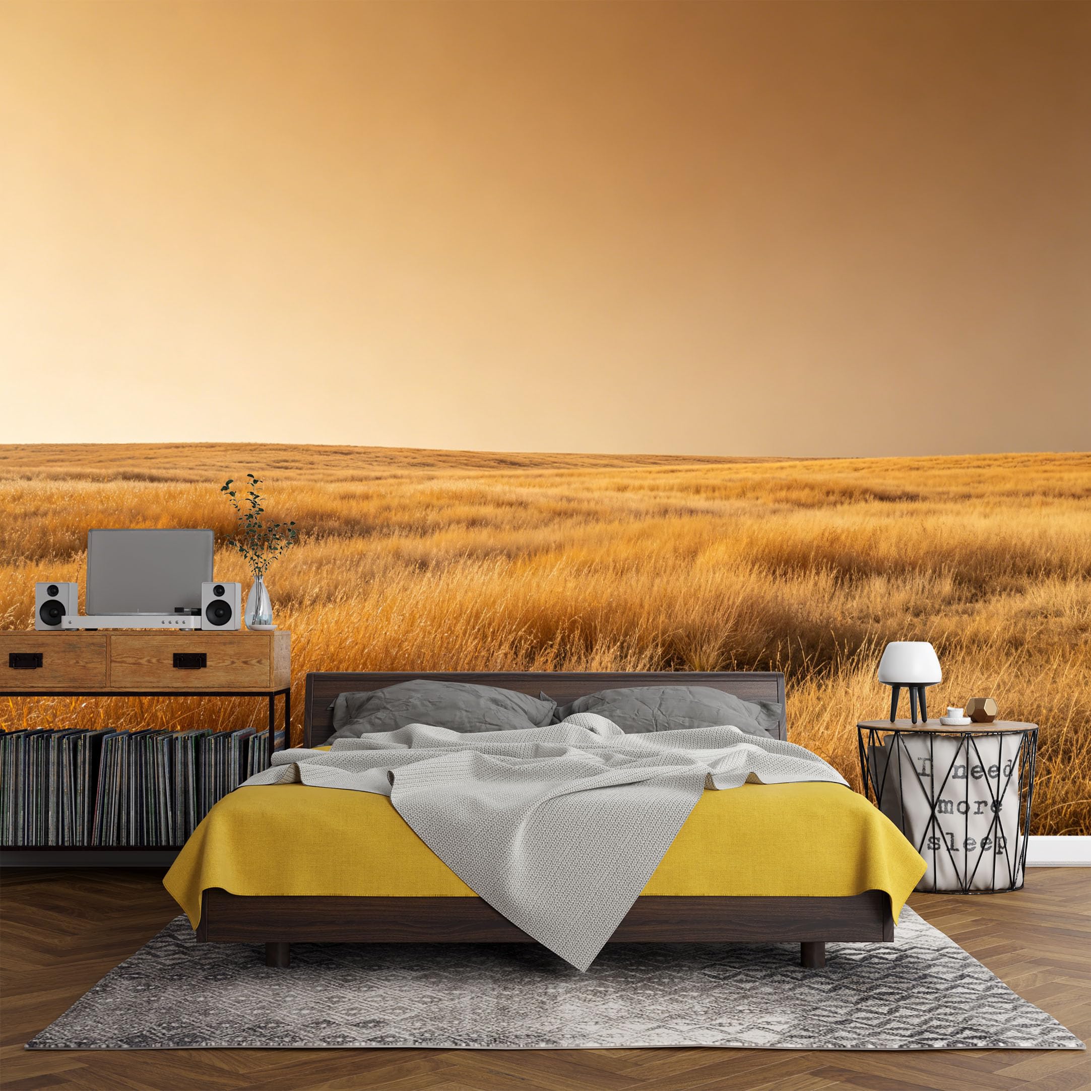 Custom Size Wall Mural， Golden Prairie Sunset Landscape Field Nature Minimalist，SelfAdhesive Art Prints wall Fabric (No PVC) Removable Wallpaper Living Room Decor