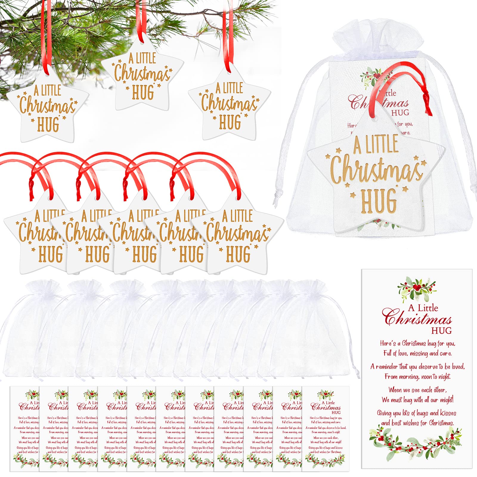 36 Pcs Operation Christmas Ornaments Coworker Employee Appreciation Thank You Gift Ceramic Sign Christmas Hug Berry Sign with Cards Organza Bags for Xmas Holidays Tree Decoration (Star Style)