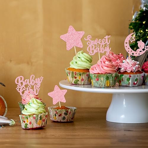 Miniatura 8 de Gyufise 24 piezas de decoración para cupcakes de bebé niña con purpurina rosa, estrella y luna, dulce baby shower, baby shower, fiesta de