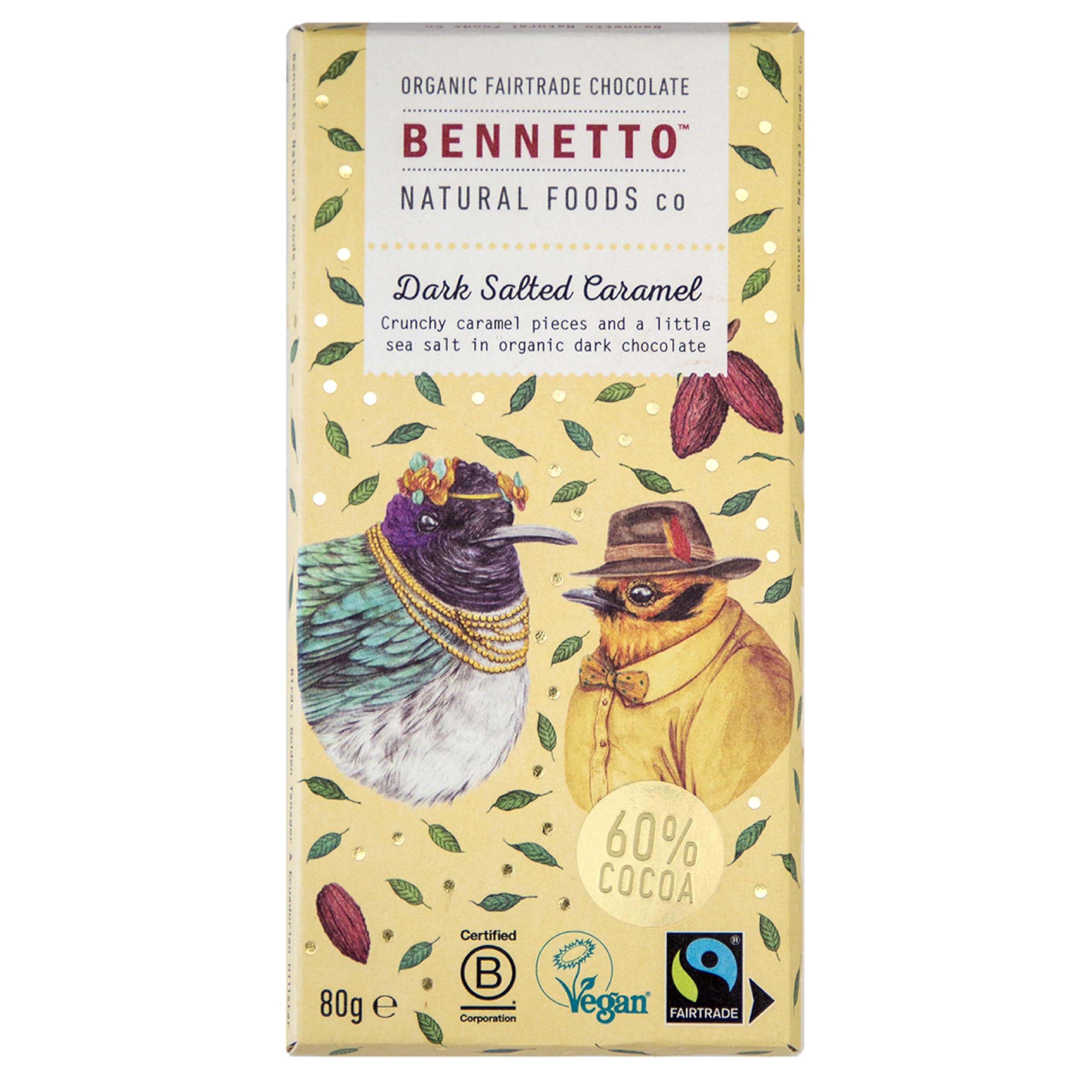 BENNETTO | Dark Salted Caramel | Crunchy caramel and sea salt in dark chocolate. 60% cocoa. Certified organic, Fairtrade, and net climate positive. 1x 80g Bar