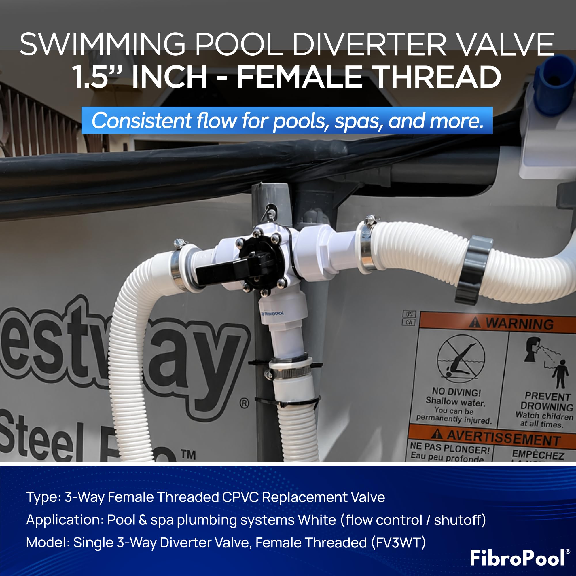 Fibropool Válvula de piscina desviadora de 3 vías 1 1/2 hembra roscada