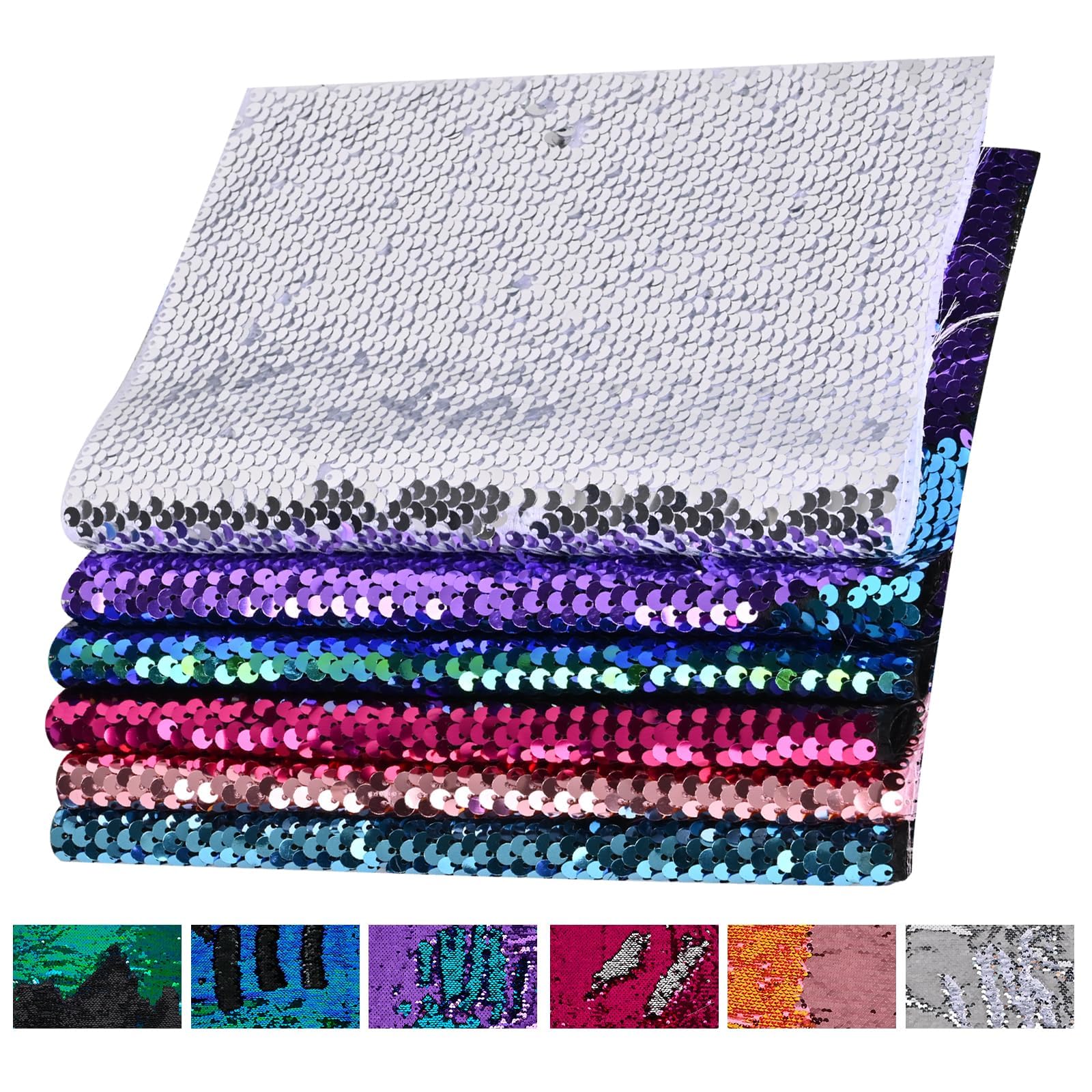 Memogizz 12pcs A4 Size One-Side Reversible Glitter Sequin Fabric, Colourful Sensory Items Stimulation Craft for Kids, Hobby Craft Fabric Sheets (A4 Size Silver)