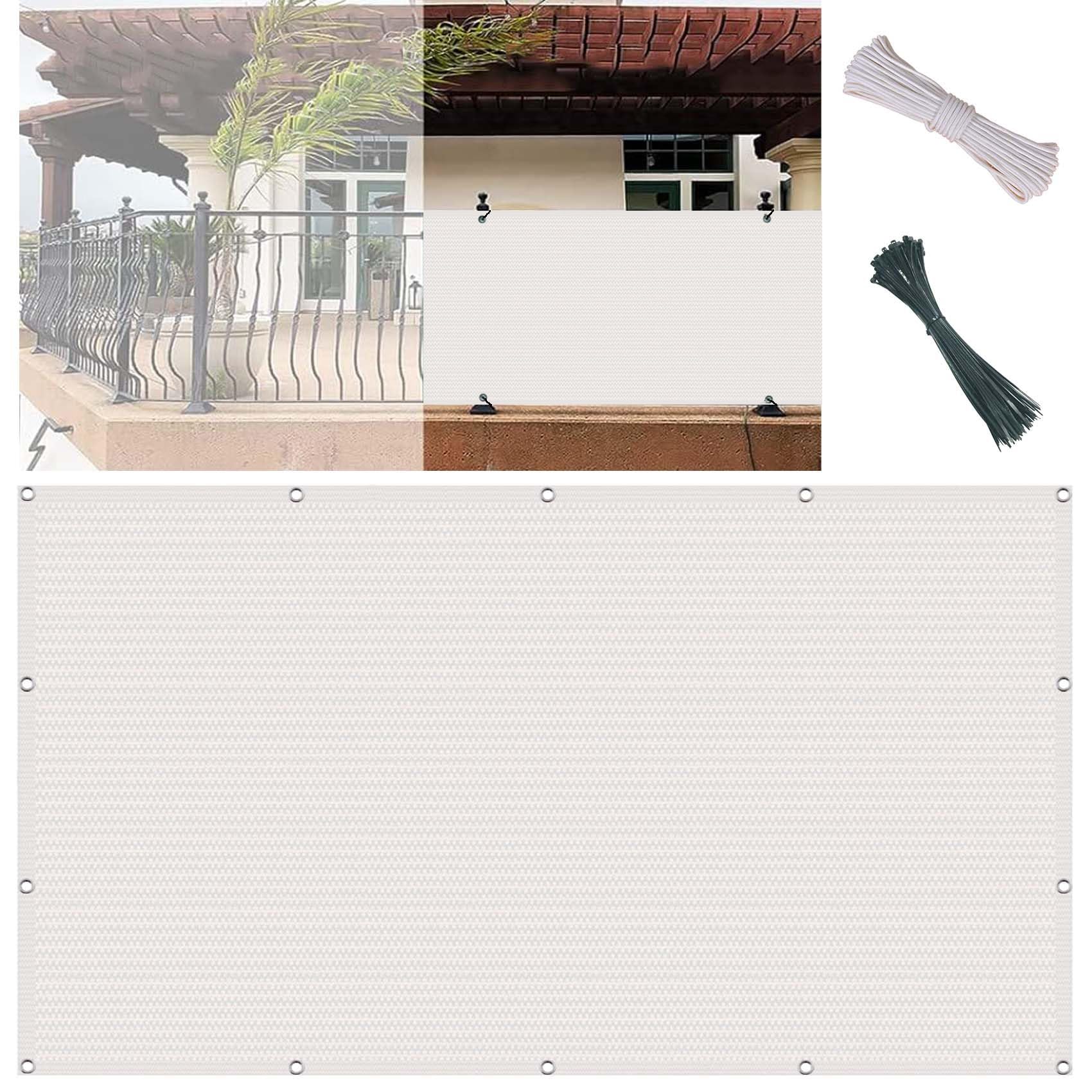 Balkon 30 x 90 cm, ochrona przed promieniowaniem UV, oddychająca ochrona przed wiatrem, osłona na taras, z przelotkami, wiązaniami i linami, biała, idealna do ogrodzenia balkonowego