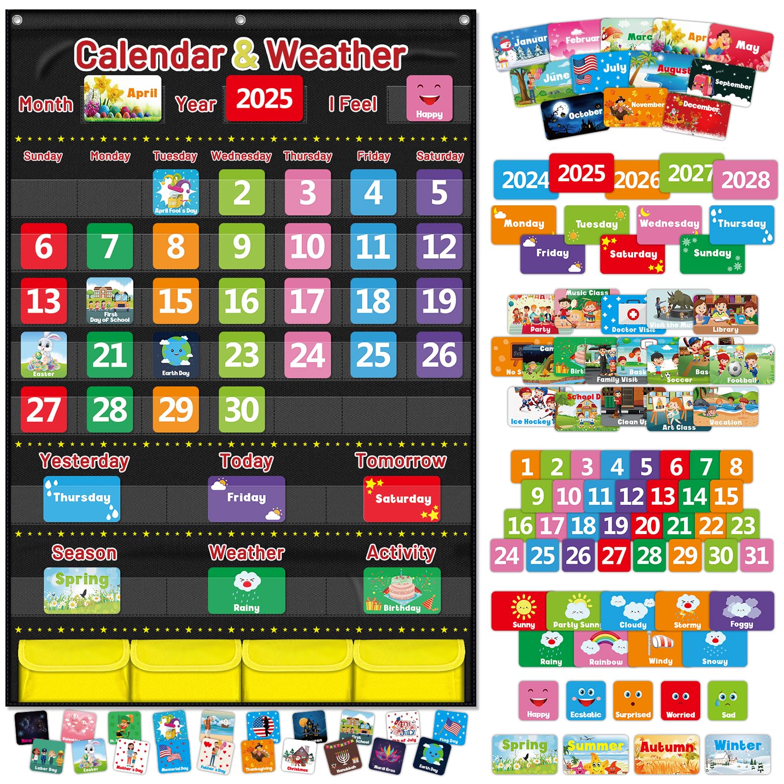 Calendar and Weather Pocket Chart for Kids Learning, Large 44.5”x28” Homeschooling Calendar Pocket Chart with 113 Cards, Teacher and Back to School Supplies