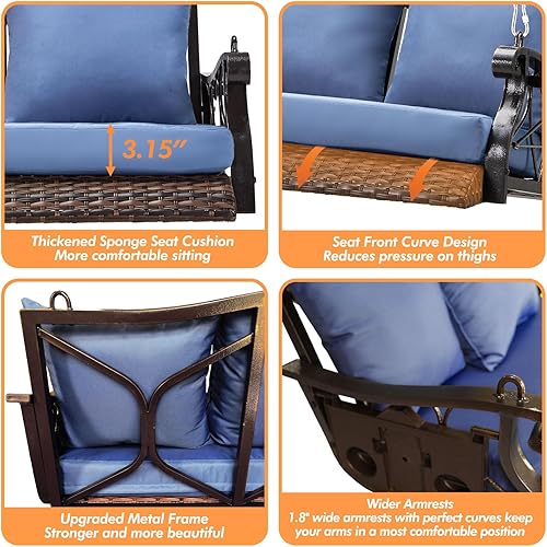 Miniatura 4 de Silla de columpio resistente de 900 libras para 3 personas al aire libre de ratán con soporte para tazas y cadenas de acero, banco colgante de