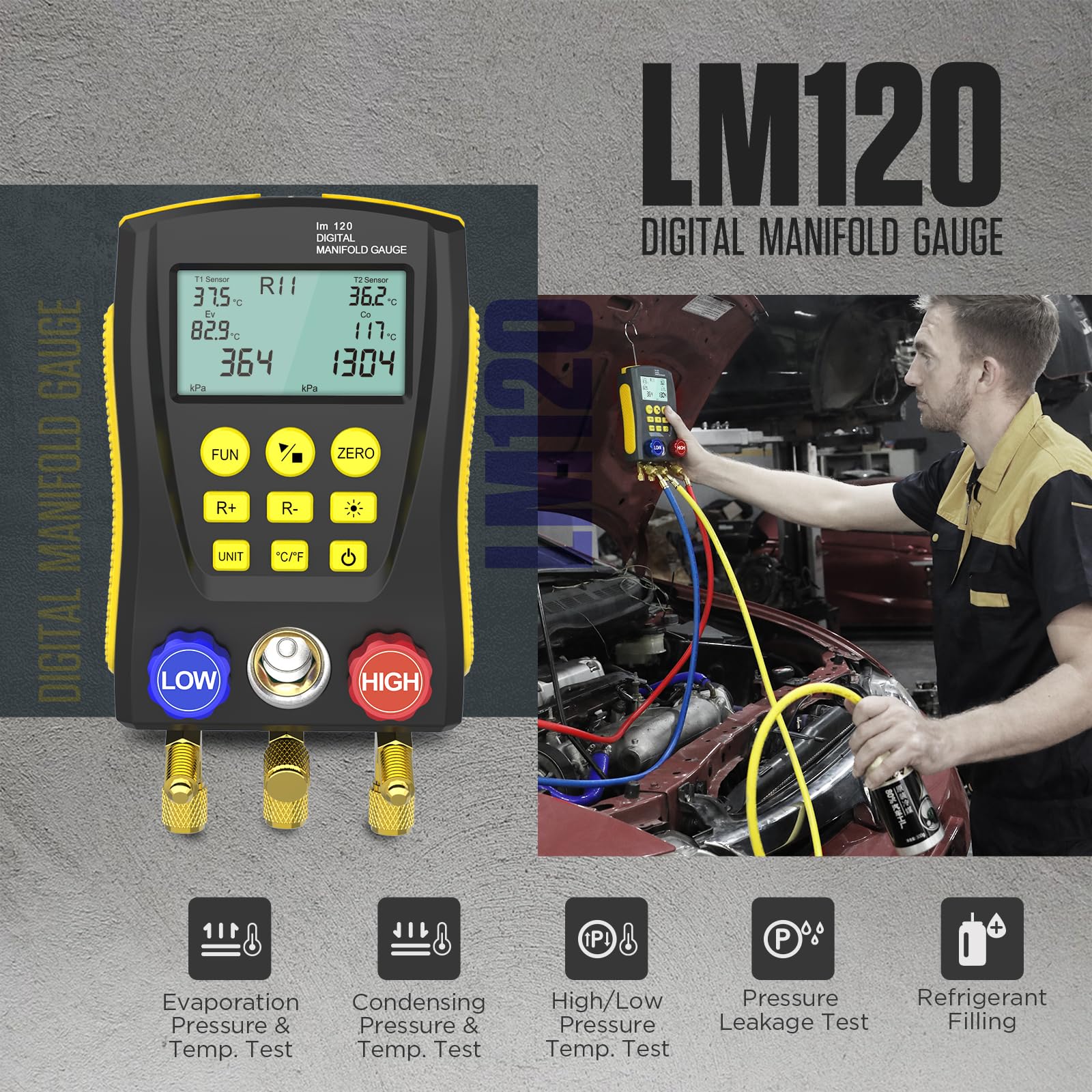 AUTOOL LM120 Misuratore di temperatura digitale del collettore di refrigerazione HVAC Test del tester di temperatura della pressione del vuoto Test di tenuta