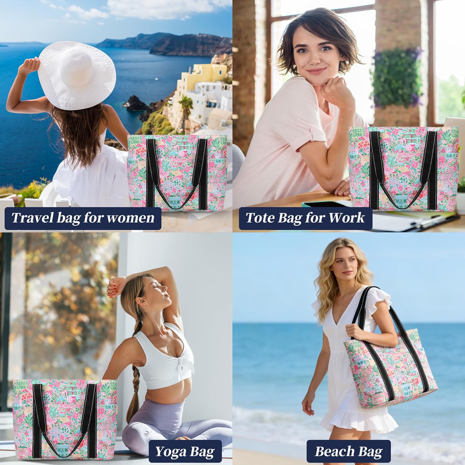 Tote Bag for Women with Laptop Compartment & Cup Holder,Nylon Bag for Work,Travel,Gym,Beach,Teacher,Nurse,School,Mom
