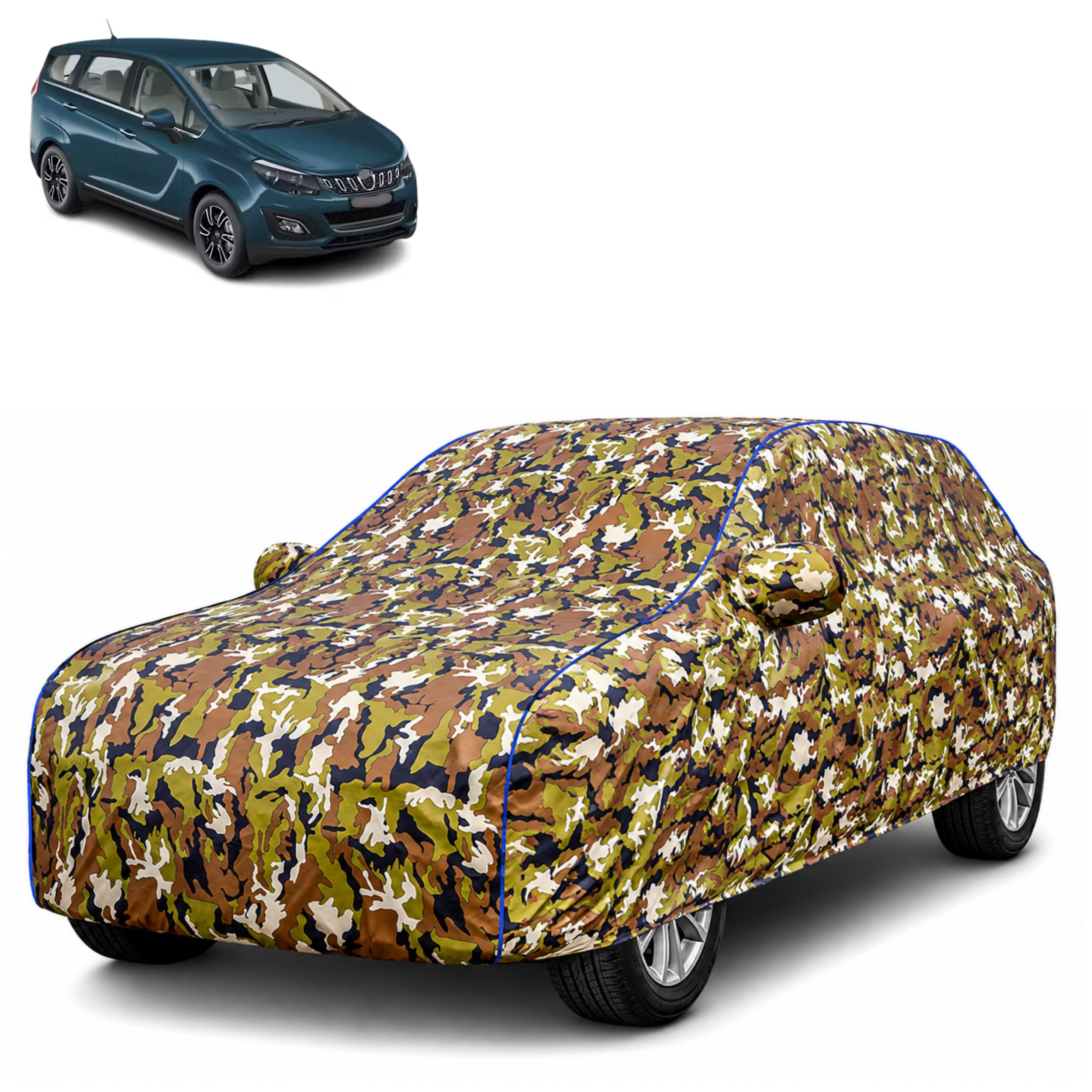Waterproof Car Body Cover for Mahindra Marazzo with Mirror Pocket| Cotton Inner Lining | Triple Stitched | All Weather Protection | Dust, UV & Rain Proof (Camouflage with Blue Piping)-image-6