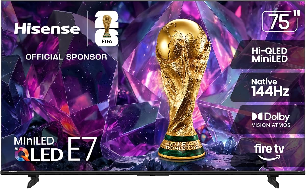 Smart Fire TV E7 Cinema Series Hi-QLED Mini-LED 4K UHD de 75" (75E7SF, 2026 NUEVO): 144 Hz nativo, imagen AI, Dolby Vision IQ · Atmos, FALD, HDR10+ adaptable, MEMC, Alexa+