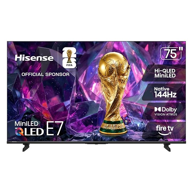 Hisense Hisense 75" E7 Cinema Series Hi-QLED Mini-LED 4K UHD Smart Fire TV (75E7SF, 2026 NEW) - Native 144Hz, AI Picture, Dolby Vision IQ · Atmos, FALD, HDR10+ Adaptive, MEMC, Alexa+, 75 Inch, TV Only