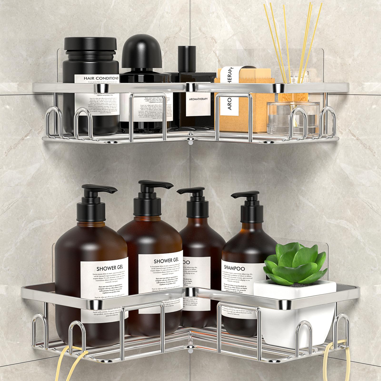 UUlioyer Corner Shower Caddy, Stainless Steel Bathroom Shelf No Drilling, Bath Storage with Hooks (2-Pack Corner Shower Caddy- Silver)