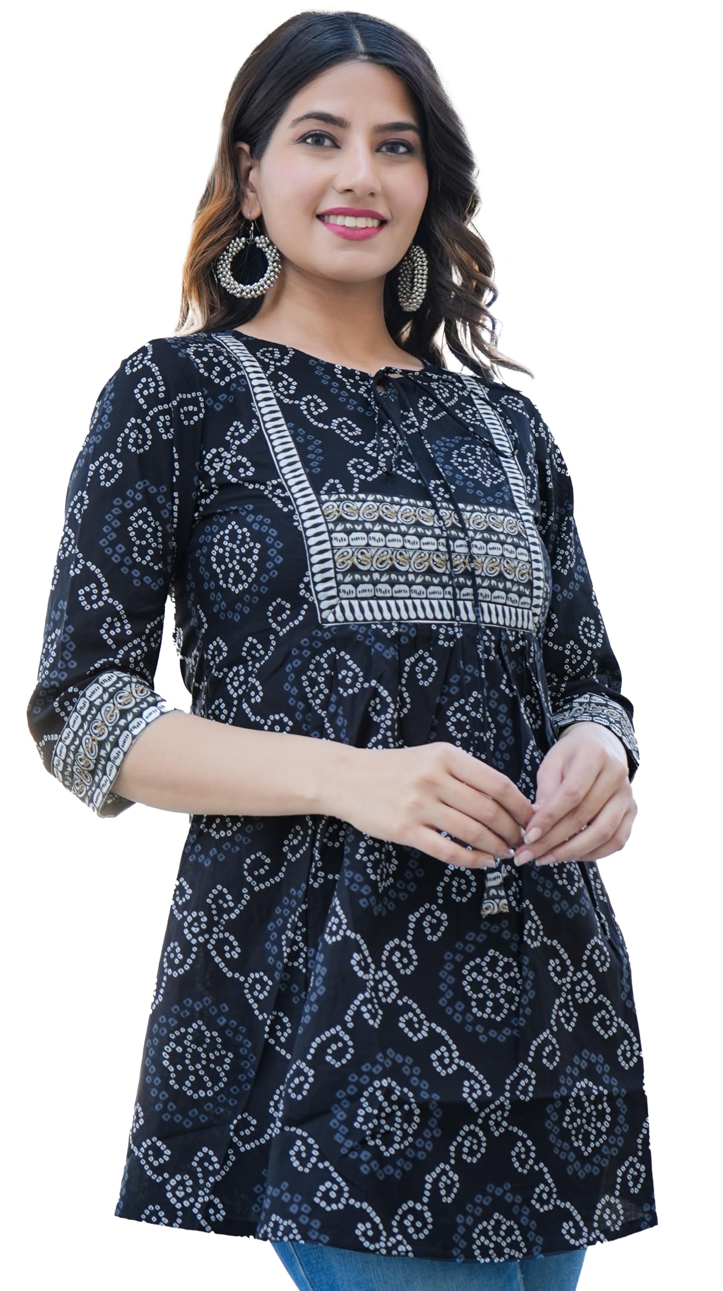 Yash Gallery Women's Cotton Blend Straight Fit Straight Bandhani Short Kurta Tops