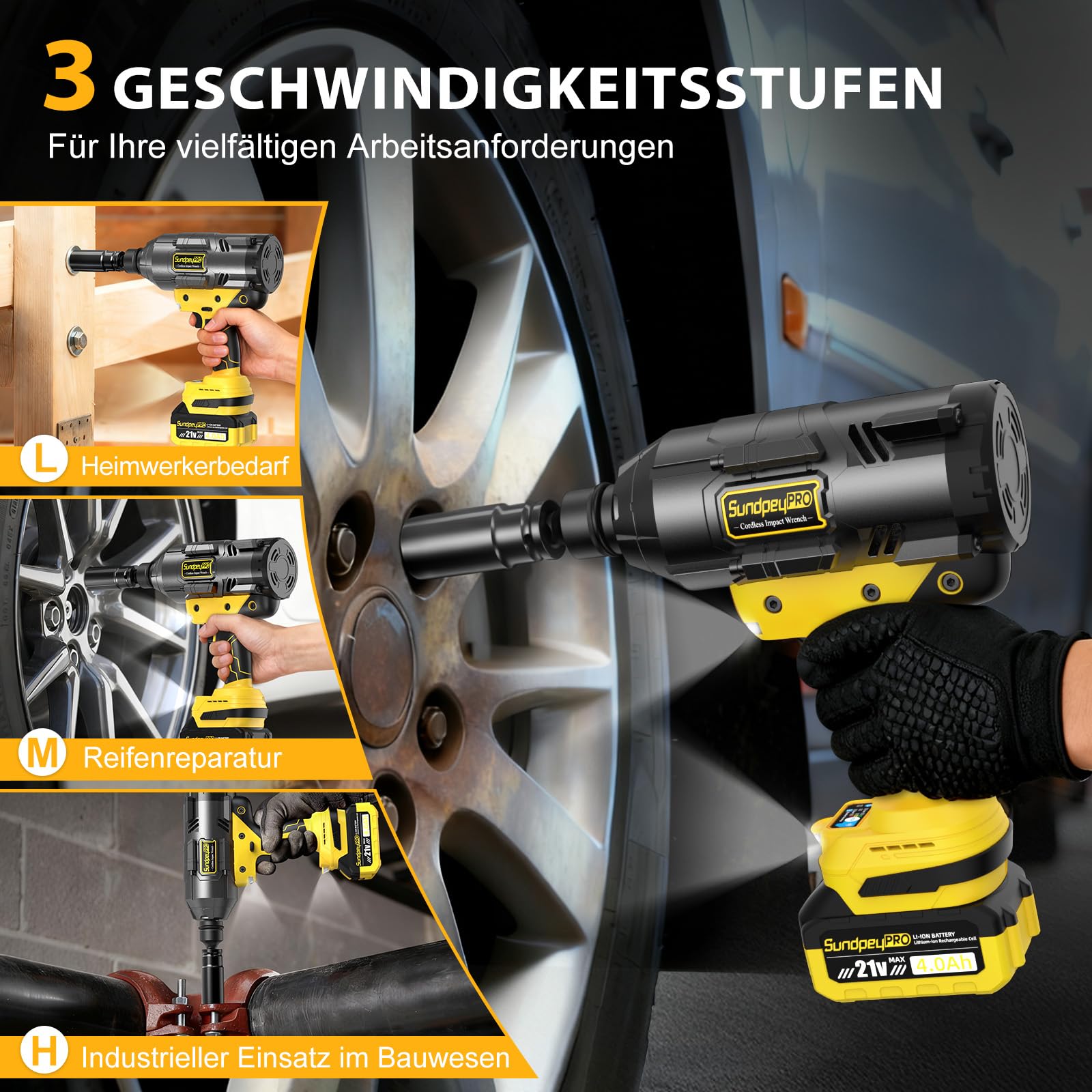 Akku Schlagschrauber 2100N·m, Bürstenloser Schlagschrauber mit Hohem Drehmoment und 2 x 4,0 Ah Akku, Impact Wrench mit 3/4" auf 1/2" Adapter, 5 Stecknüssen und Koffer für Auto, LKW, Gelb