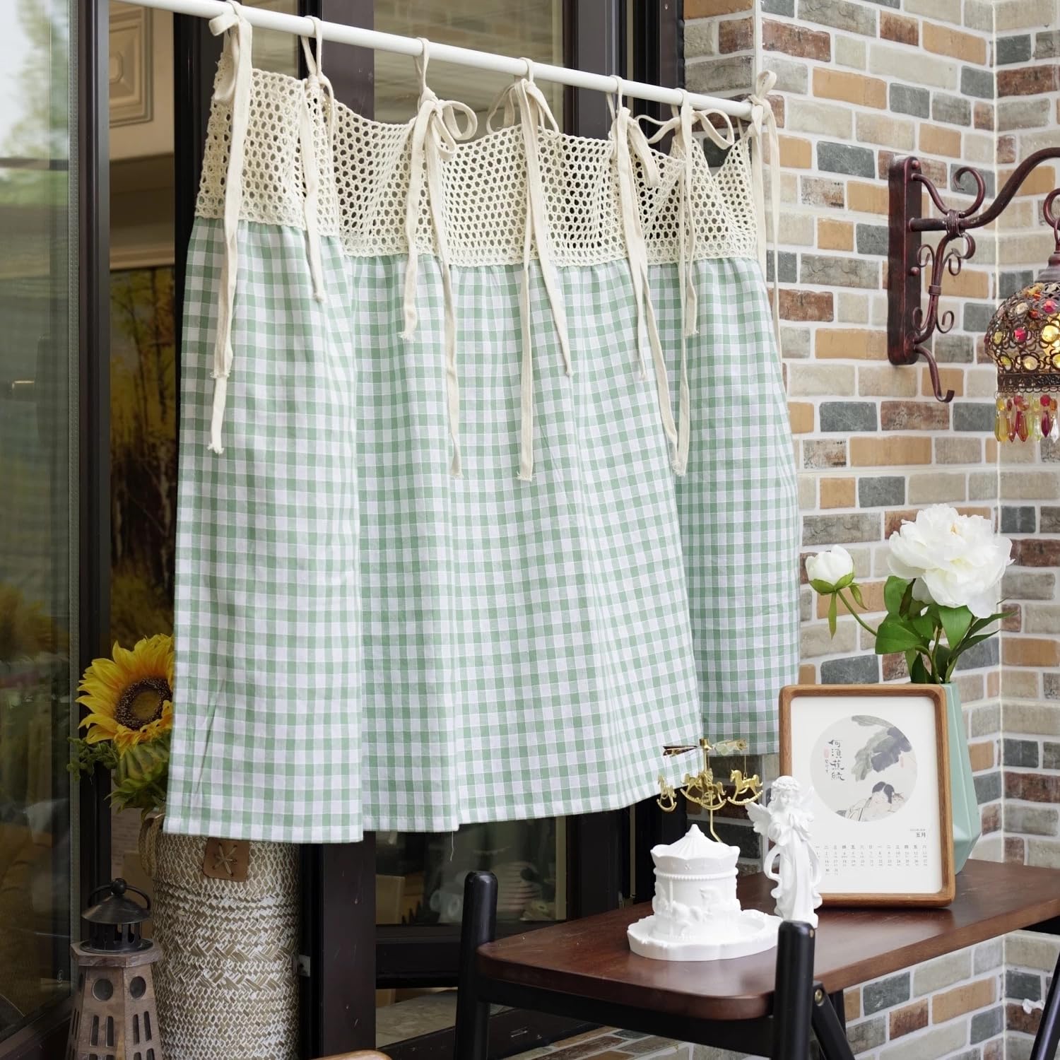 Gardinen Kariert Kurz Scheibengardinen mit Häkelspitze Bistrogardine Landhausstil Privatsphäre Fenstergardine Küchengardine Vintage Cáfe Gardine (BxH 150x100cm) Blau 1 stück