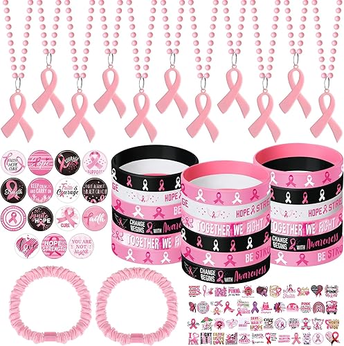 170 pulseras de silicona para el cáncer de mama, regalos de concienciación sobre el cáncer de mama, collares de cinta rosa, insignias, calcomanías,