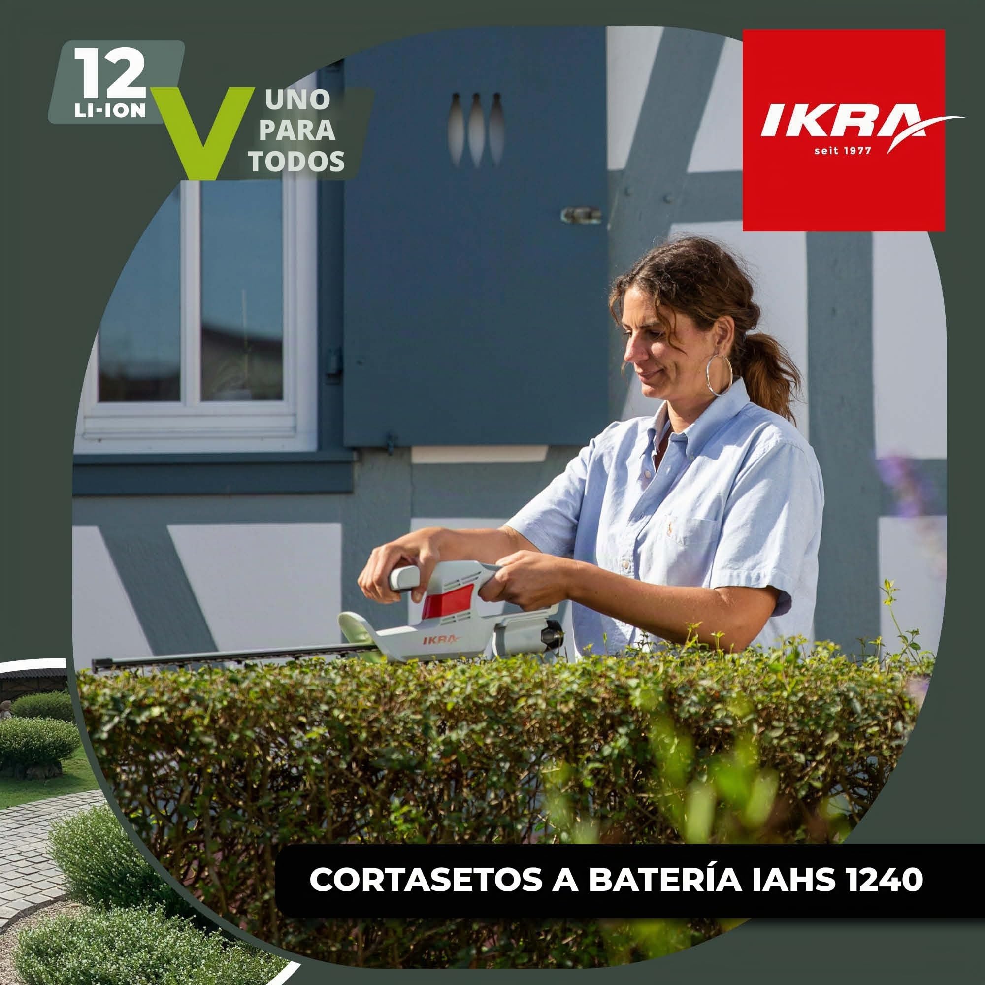 IKRA Cortasetos IAHS 1240, con batería, Cargador y Gafas, sólo 2 kg | Cuchilla con guía de aluminio y protector, longitud 41cm, grosor de corte 14mm, compatible con la gama de baterías IKRA 12V