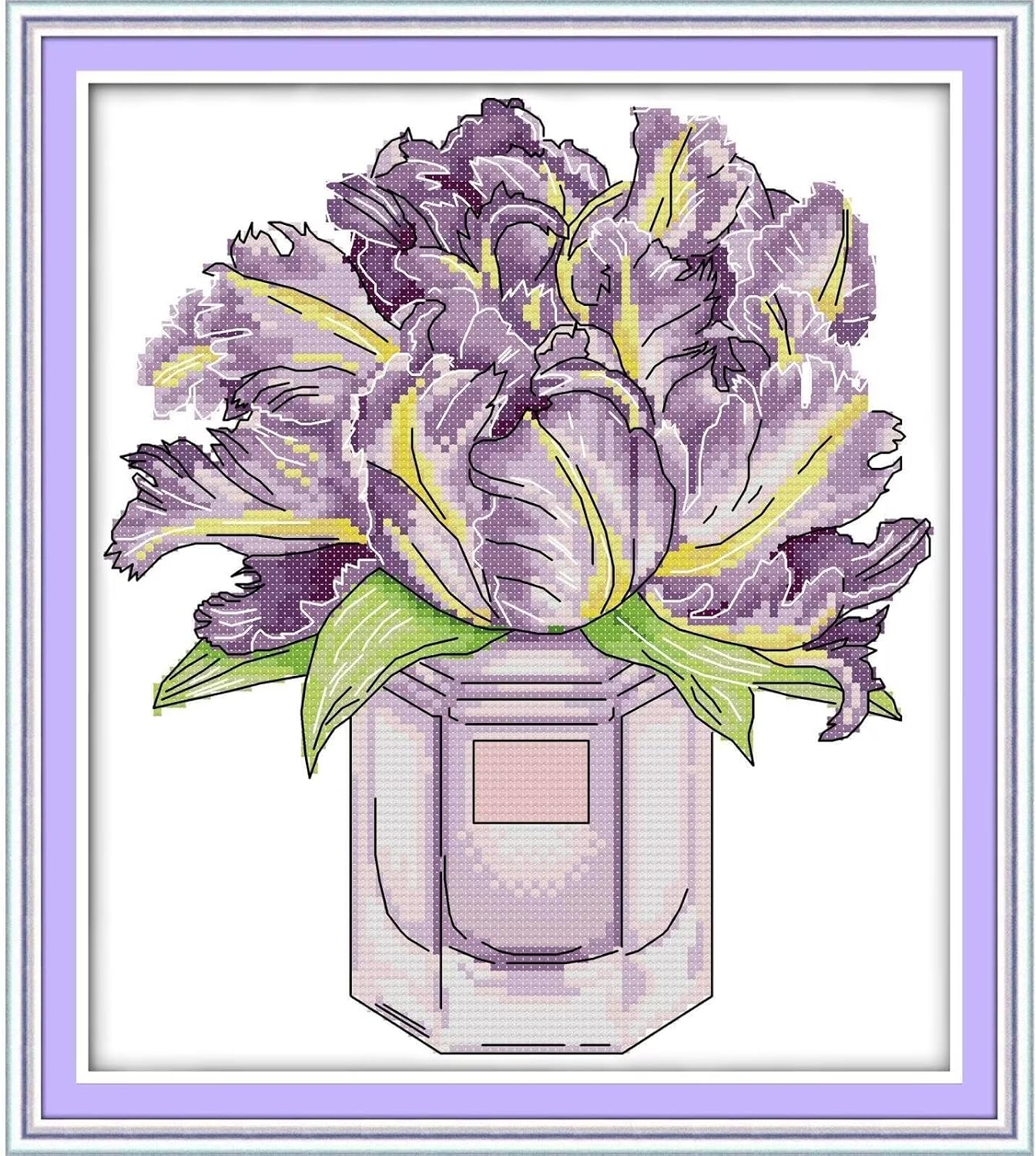 Stamped Cross Stitch Kits Full Range of DIY Needlepoint for Adult Beginners Pattern, for Gift and Home Decor 14CT 2 Strands Iris vase,10.2×11.4 inch