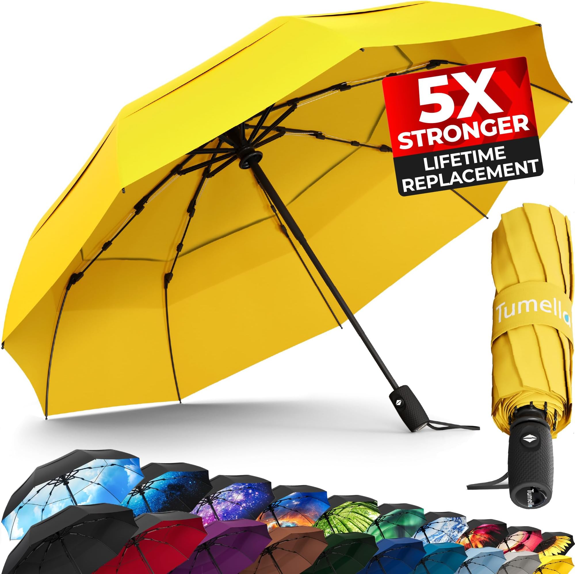 Strongest Windproof Travel Umbrella (Compact, Superior & Beautiful), Small Strong but Light Portable and Automatic Folding Rain Umbrella, Durable Premium Grip, Fits Car & Backpack