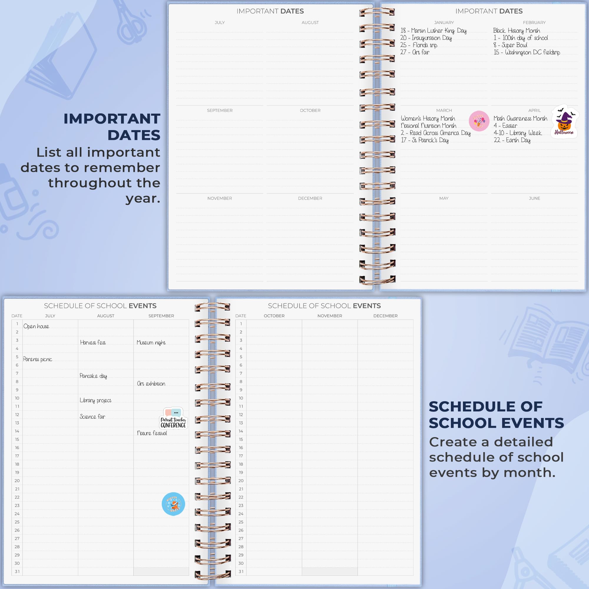 Clever Fox Planificador para profesores en espiral, planificador de año escolar con calendarios y planes de lecciones, libro de plan para profesores para organización de aula y escuela en casa, sin