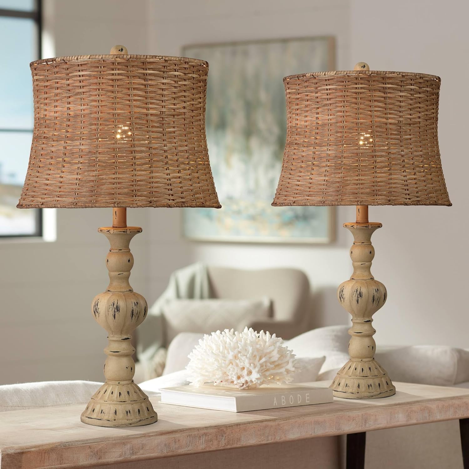 John Timberland Trinidad Country Cottage Core Natural Table Lamps 26.5" High Set of 2 Antique White Candlestick Tropical Rattan Tapered Drum Shade for Living Room Bedroom House Bedside Nightstand