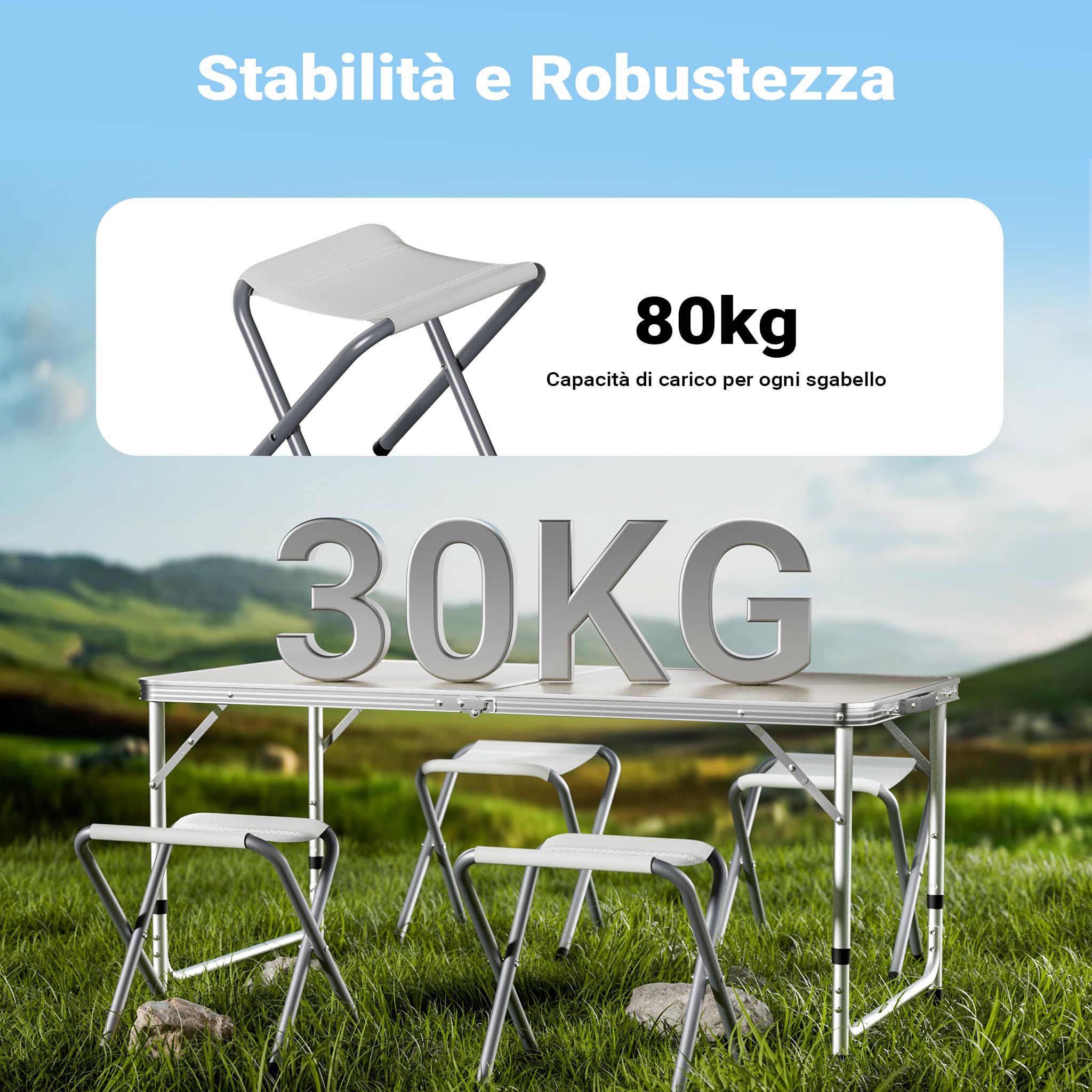 Wiltec Set da campeggio con tavolo pieghevole regolabile in altezza e 4 sedie richiudibili per uso outdoor