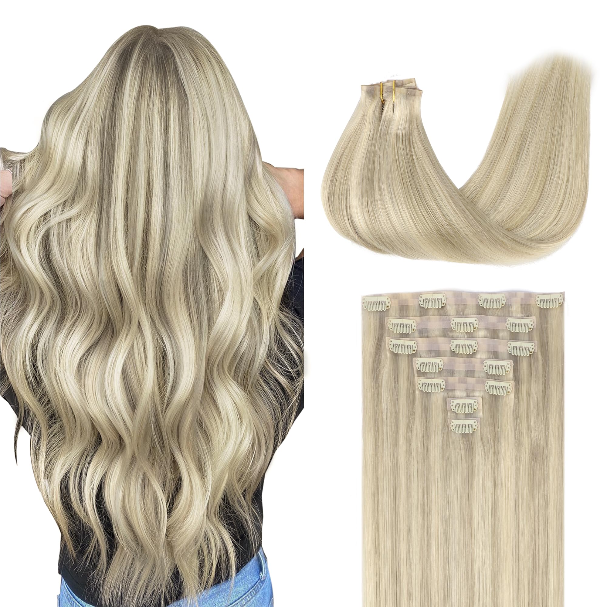 GOO GOO Clip in Hair Extensions Real Human Hair, Remy Human Hair Extensions Clip ins for Women, Natural Human Hair, 16inch 110g 7Pcs, 17A/60A Ash