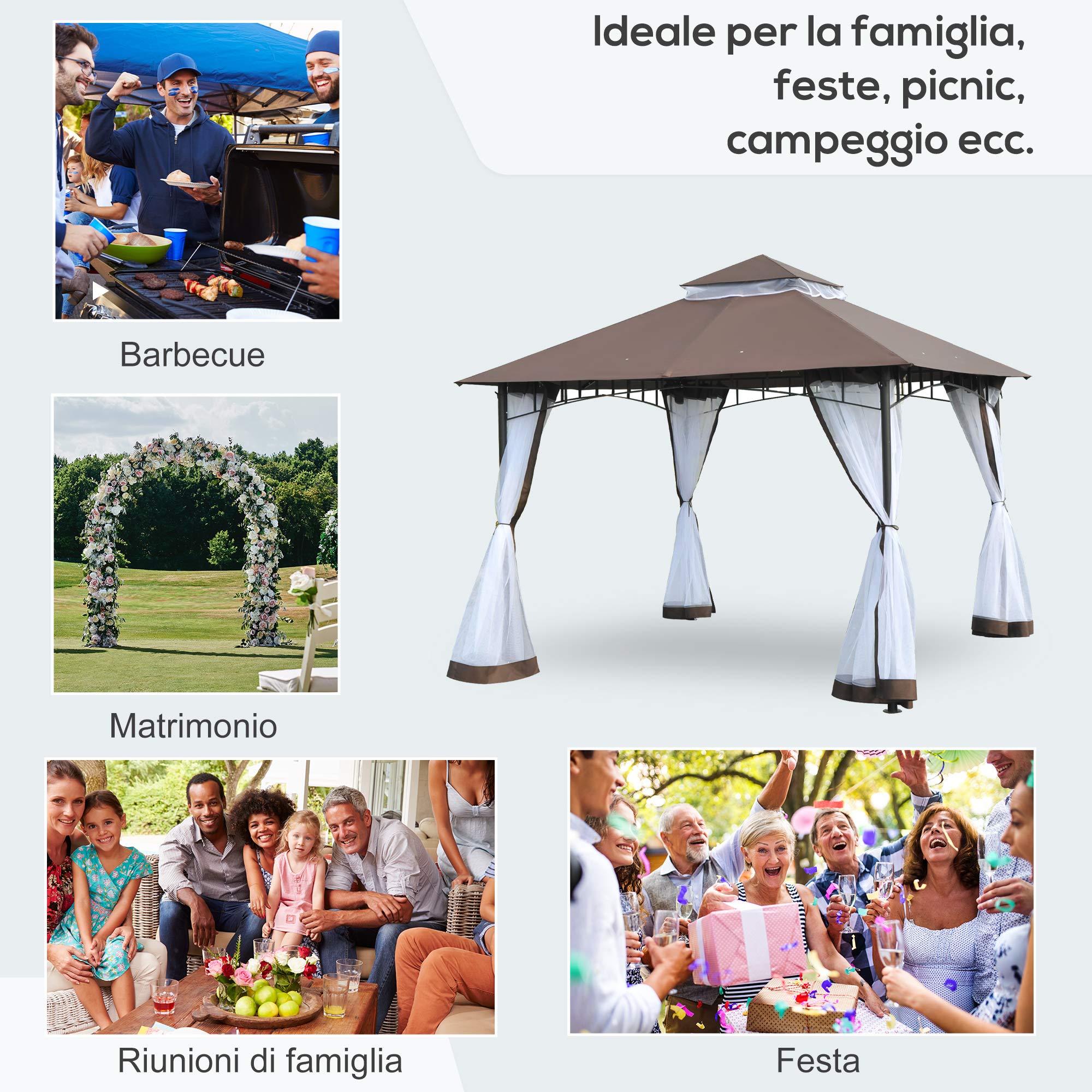 Outsunny Gazebo da Giardino 3x3m con Zanzariera Tetto 2 Livelli Marrone | in Poliestere, Struttura in Metallo