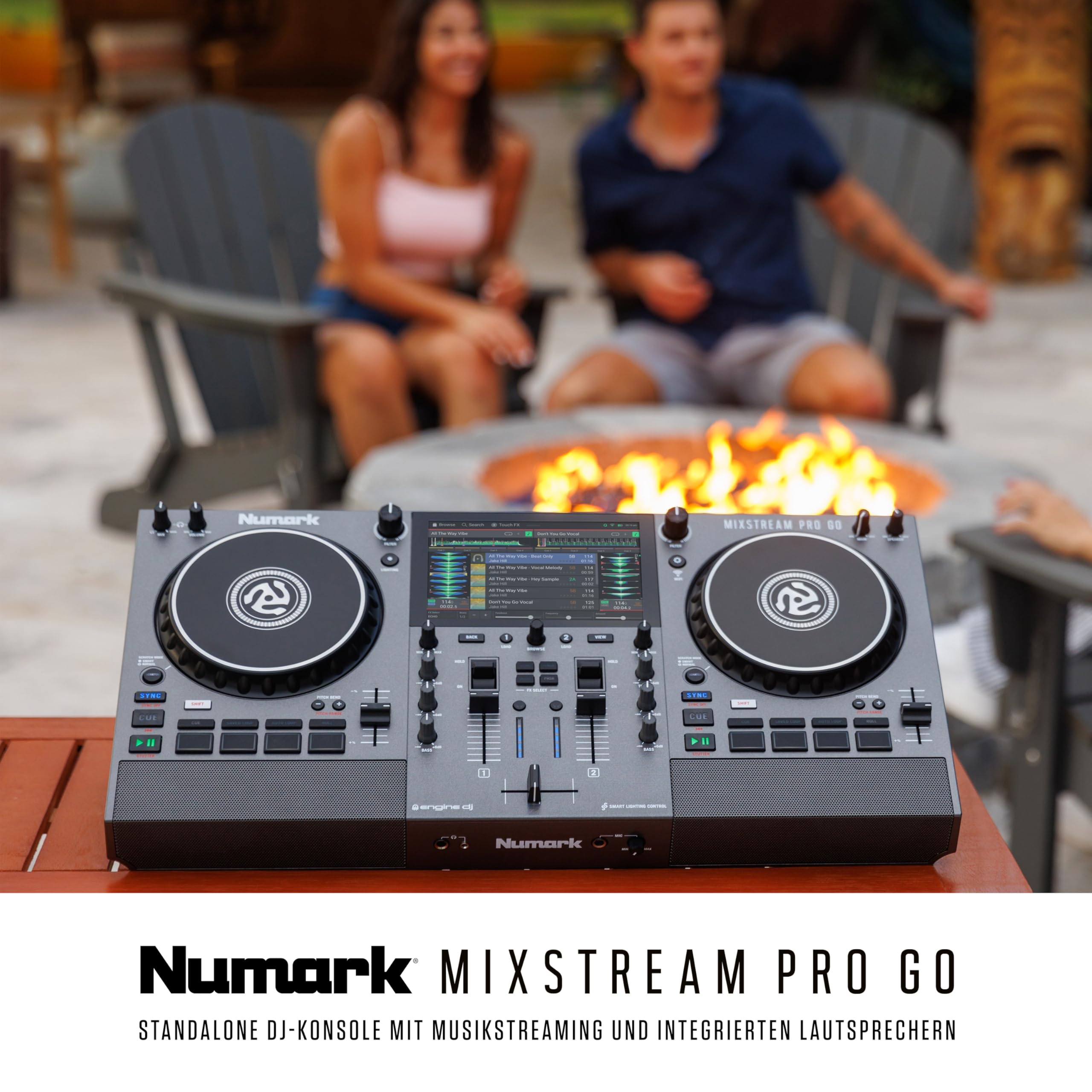 Numark Mixstream Pro Go Tragbarer DJ-Controller mit Akku, Mixer mit Stem-Trennung, Lautsprecher, WLAN-Streaming, Touchscreen, kompatibel mit Serato DJ