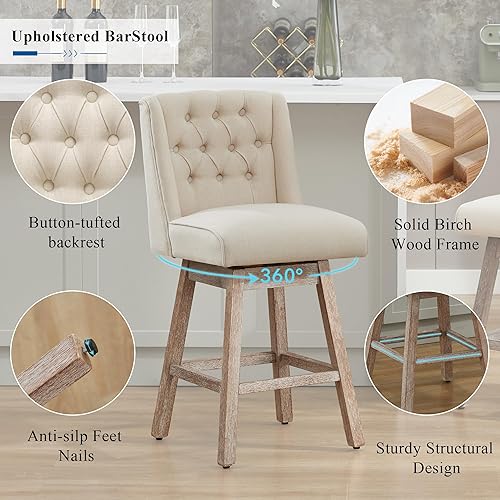 Miniatura 4 de Juego de 2 taburetes de bar de altura de mostrador, taburetes de bar giratorios de 360° con respaldo y patas de madera, taburetes de bar tapizados
