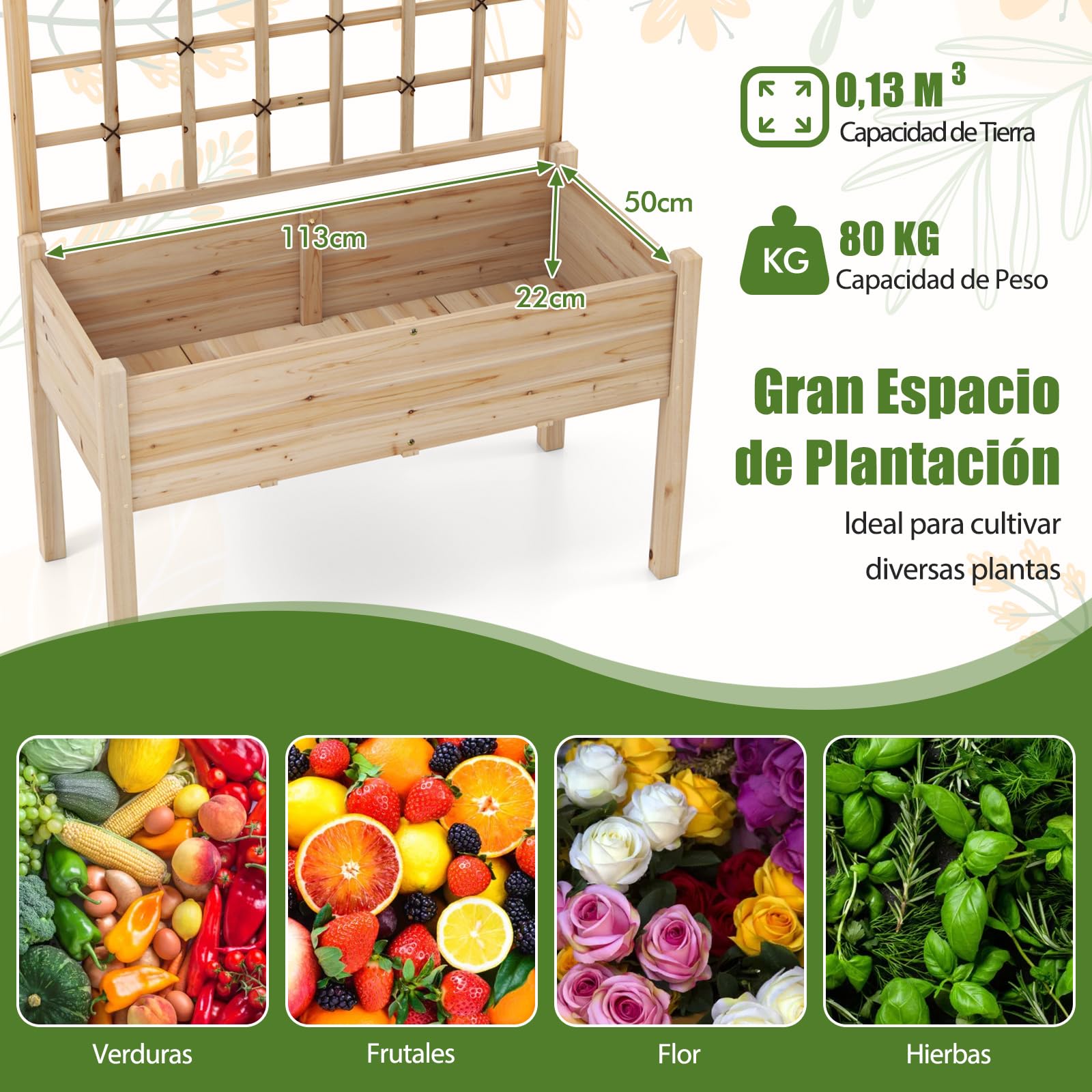 COSTWAY Huerto Urbano Elevado de Madera con Enrejado, Agujeros de Drenaje, Caja de Plantas Elevada de Madera con Piernas para Enredaderas, Flores, Hierbas, Verduras, Maceta para Patio y Balcón