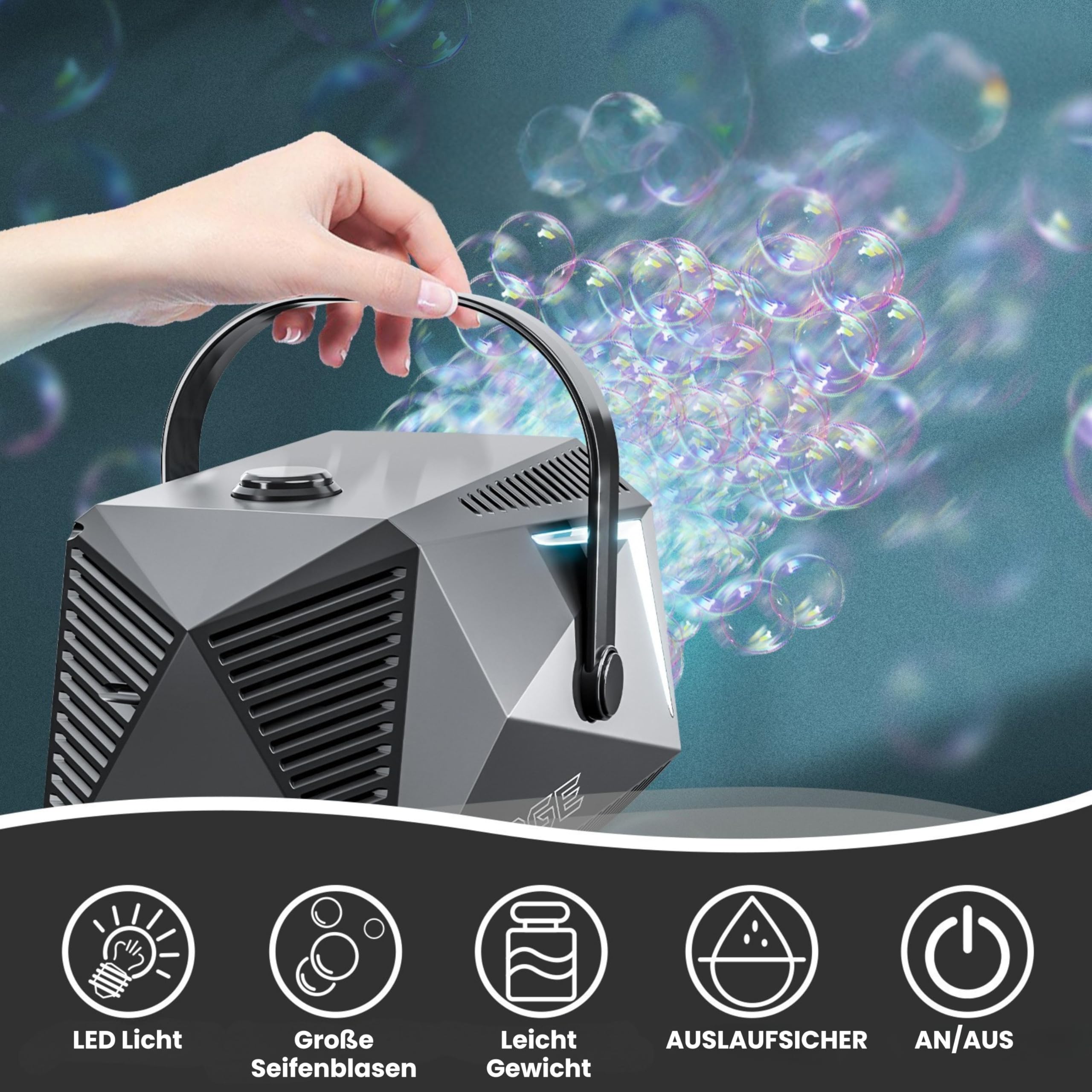 Blubbel LED Seifenblasenmaschine mit 1L Seifenblasenflüssigkeit, Bubble Maschine