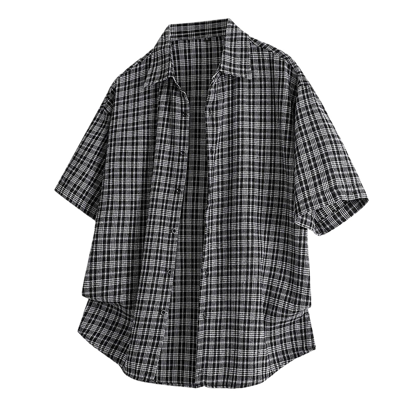 Camicia da uomo a maniche corte, a quadretti, camicia estiva, vestibilità normale, basic, per il tempo libero, funzionale, leggera, con bottoni, cargo, da lavoro