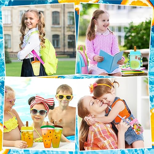 Miniatura 5 de 8 botellas de agua lindas con pajilla tazas de helado de sandía Kawaii para niños botellas a prueba de fugas con correa ajustable para el hombro