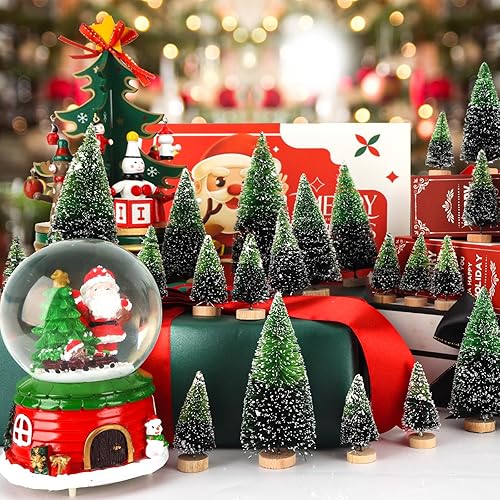 Miniatura 6 de Árbol de Navidad pequeño, mini árbol de Navidad, árbol de pino, cepillo de botella árboles falsos con base de madera para decoración de mesa (verde