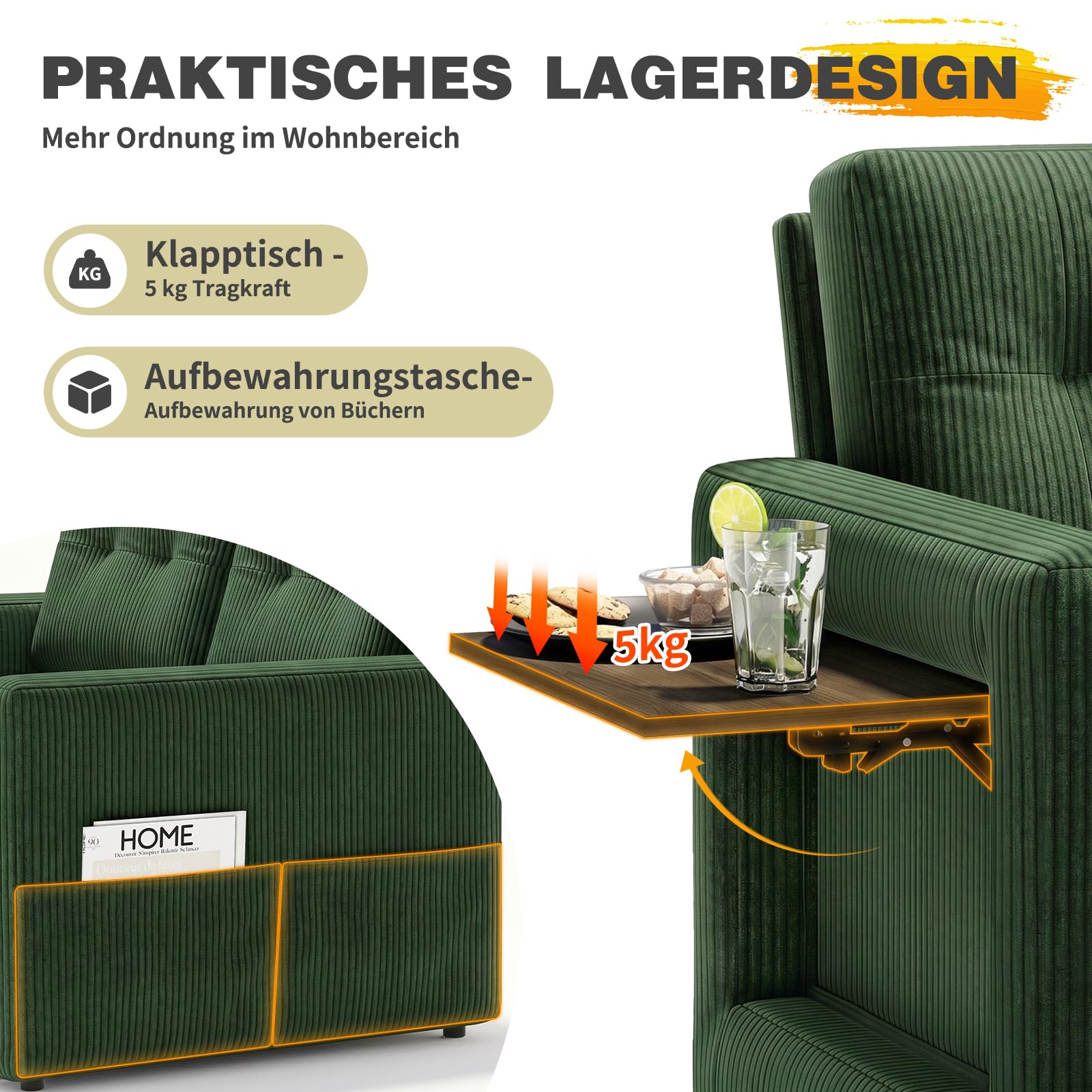 YOUDENOVA Sofa 3 w 1, fotel z funkcją łóżka i funkcją salonu, sofa relaksacyjna z 5 regulowanymi pozycjami oparcia, sofa 2-osobowa z łóżkiem, stołem i kieszeniami bocznymi, prążkowana zieleń