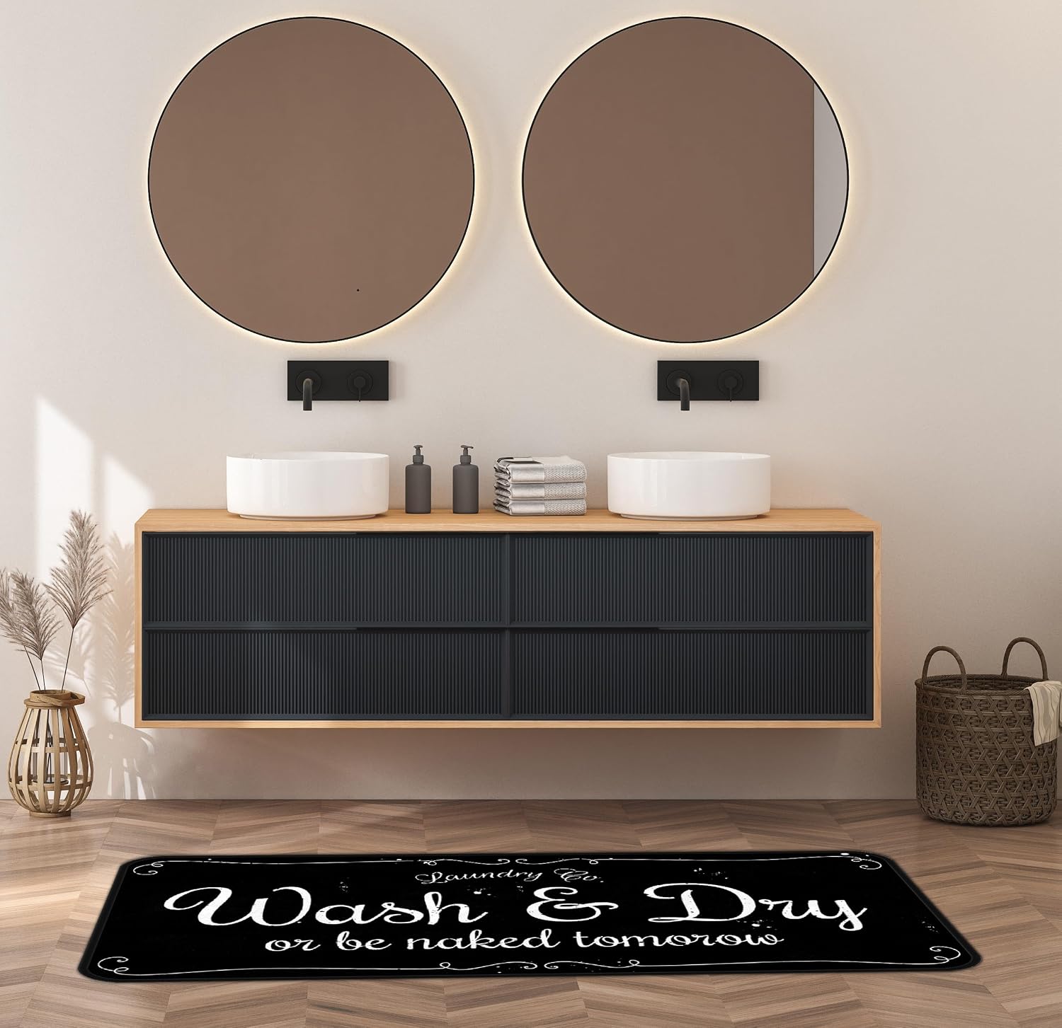 Farmhouse Laundry Room Rug Runner Non Skid Machine Washable Area Rugs Laundry Decor for Kitchen, Bath, Washroom Vintage Black（72x24in）