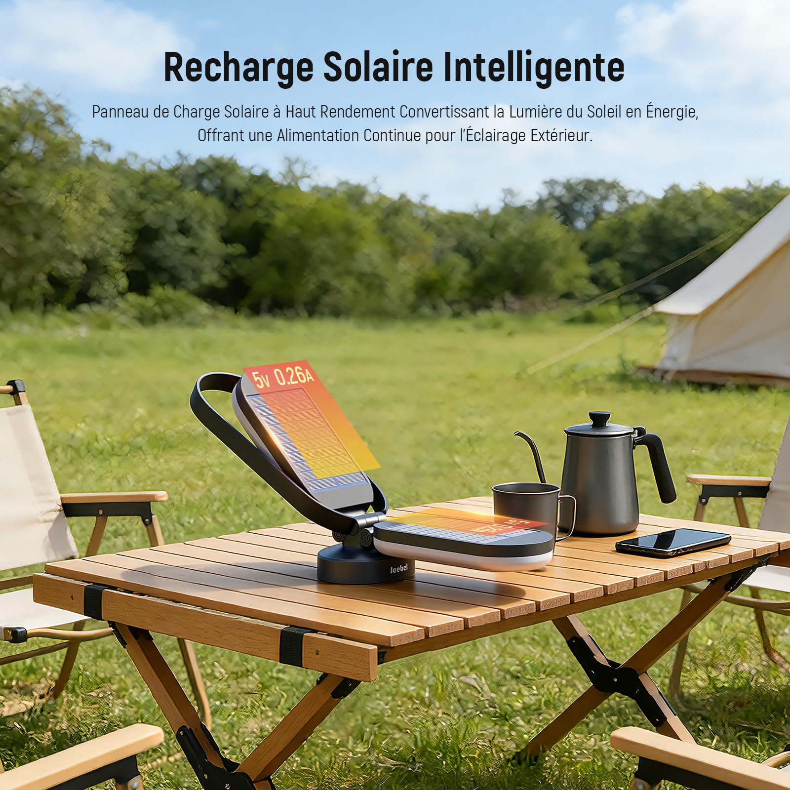 Jeebel Lampe de Camping Solaire, Lanterne LED Rechargeable Pliable avec Batterie Externe 5000mAh, Dimmable Tactile, 4 Modes, IP55, Lumière Tente pour Extérieur/Randonnée/Urgence/Pannes/Courant (Noir)