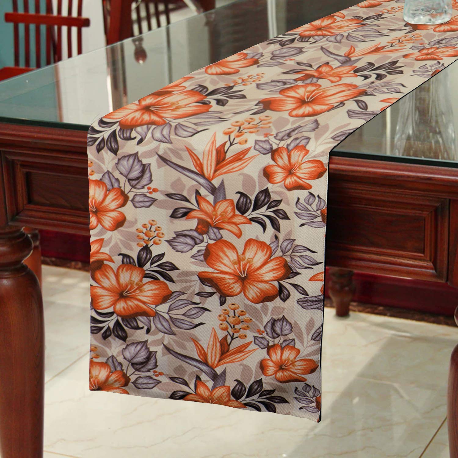 HOKIPO Poly Cotton HD Printed Heat Resistant Dining Table Runner for 6 Seater, 13x84 Inches, Floral Hibiscus (IN-310-D1)