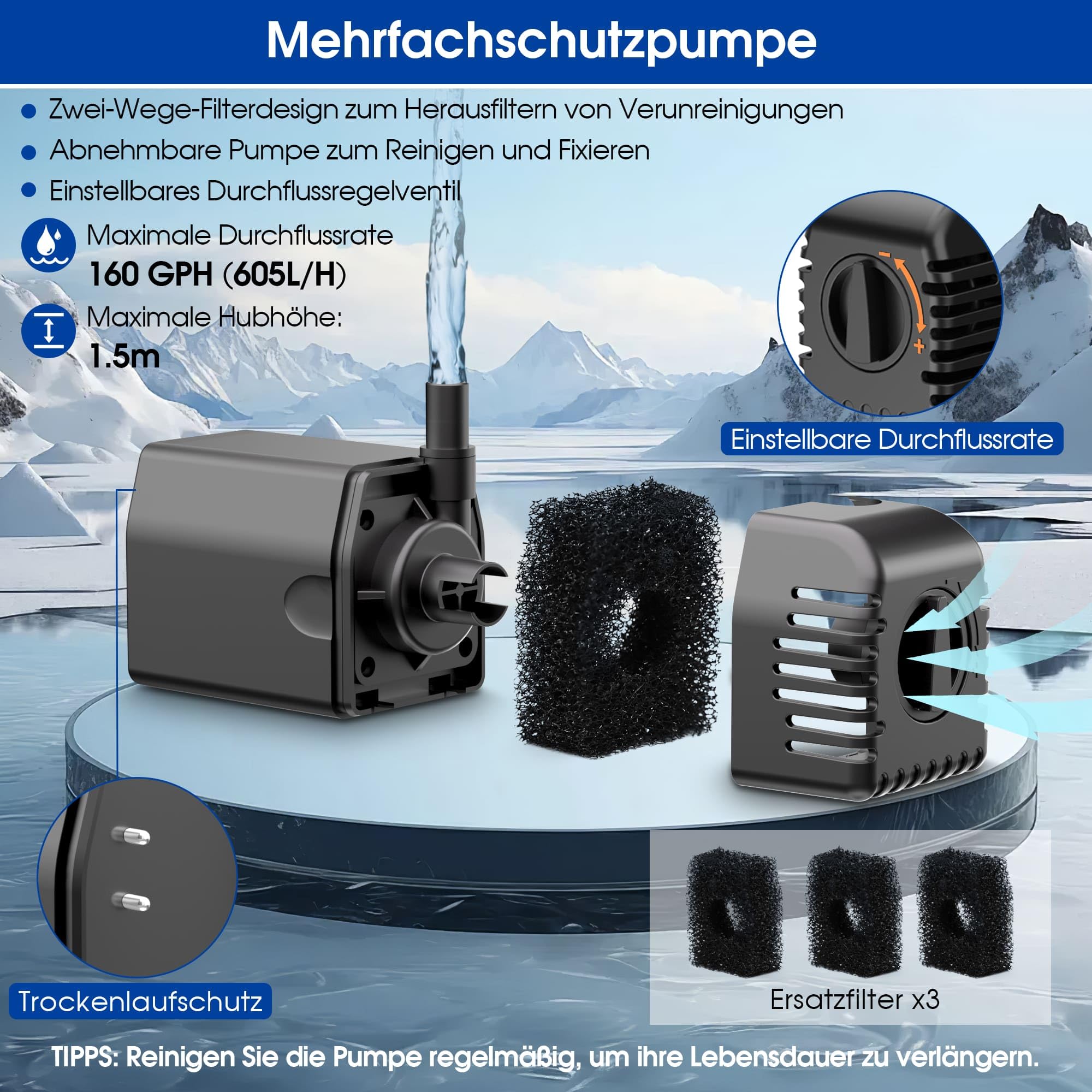 Biling Solar Springbrunnen für Außen, 12W Solar Teichpumpe 605L/H Leise mit 4 Düsen und Schlauch, Solarbrunnen für Draussen für Gartenteich bis 5㎡ DIY Wasserspiel Brunnen-Dekoration Blumenkasten